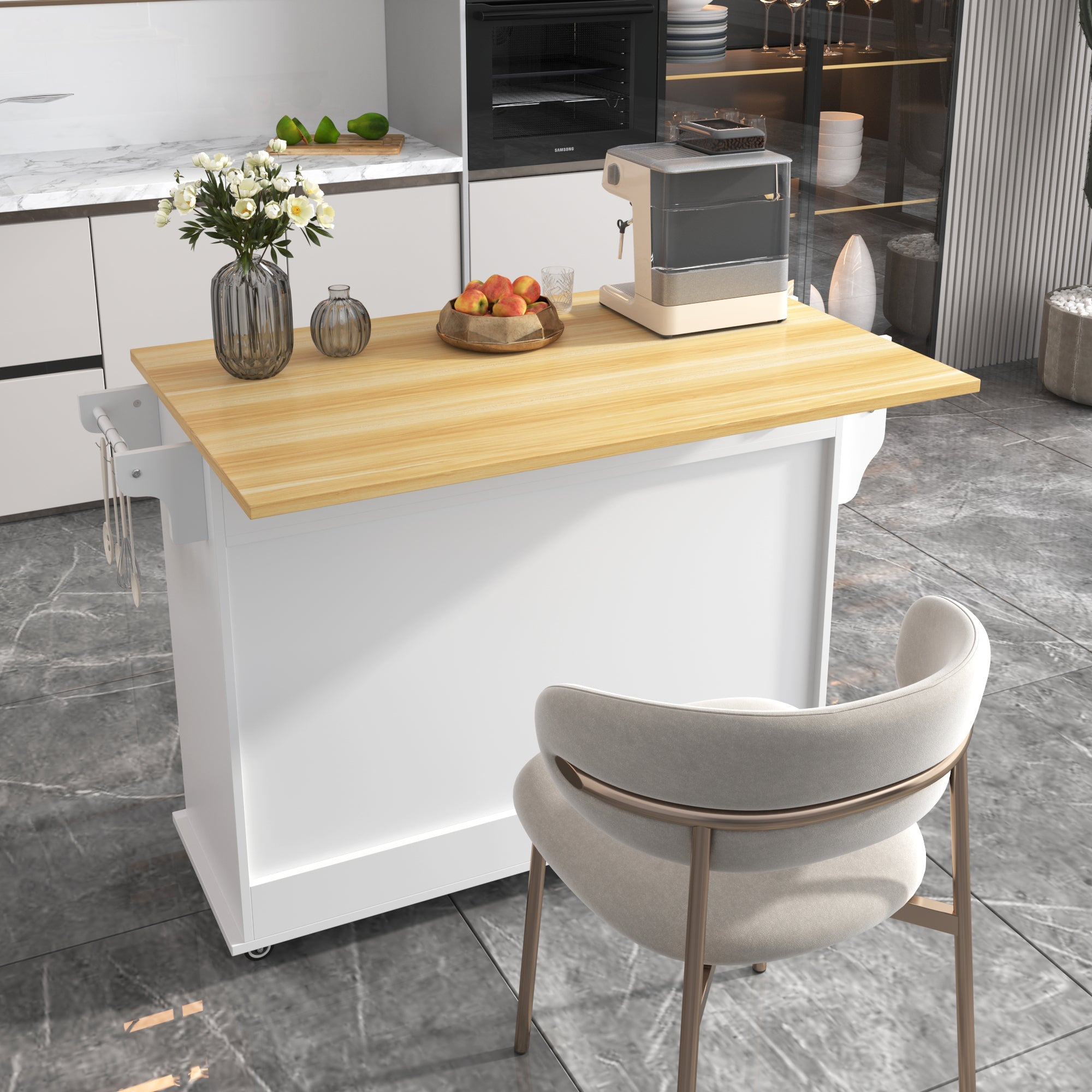 Logidon Dining Room Trolley Sideboard with Folding Table White/Natural Wood