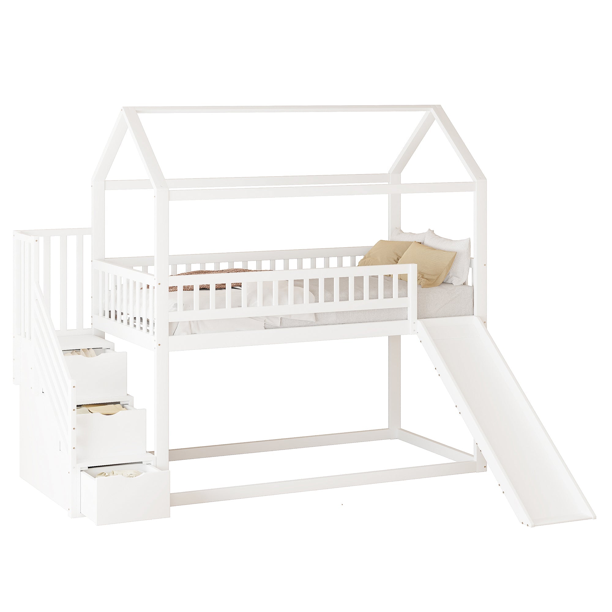 Logidon hoogslaper kinderstapelbed 90x200 wit glijbaan met opbergladder
