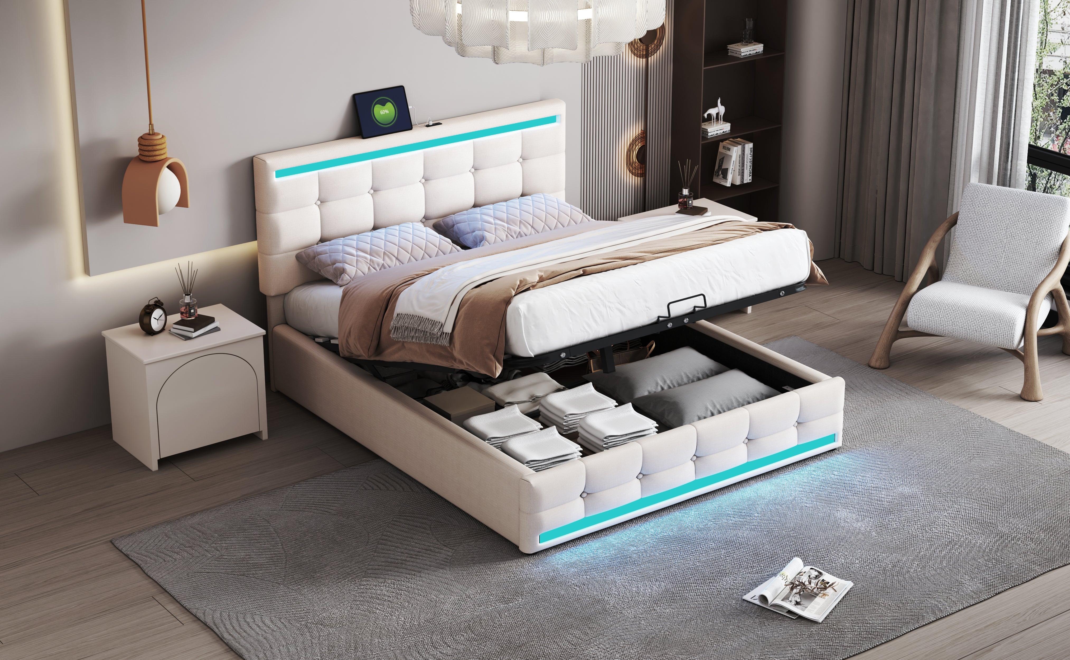 Logidon gestoffeerd bed 140x200 beige met LED verlichting en opbergruimte