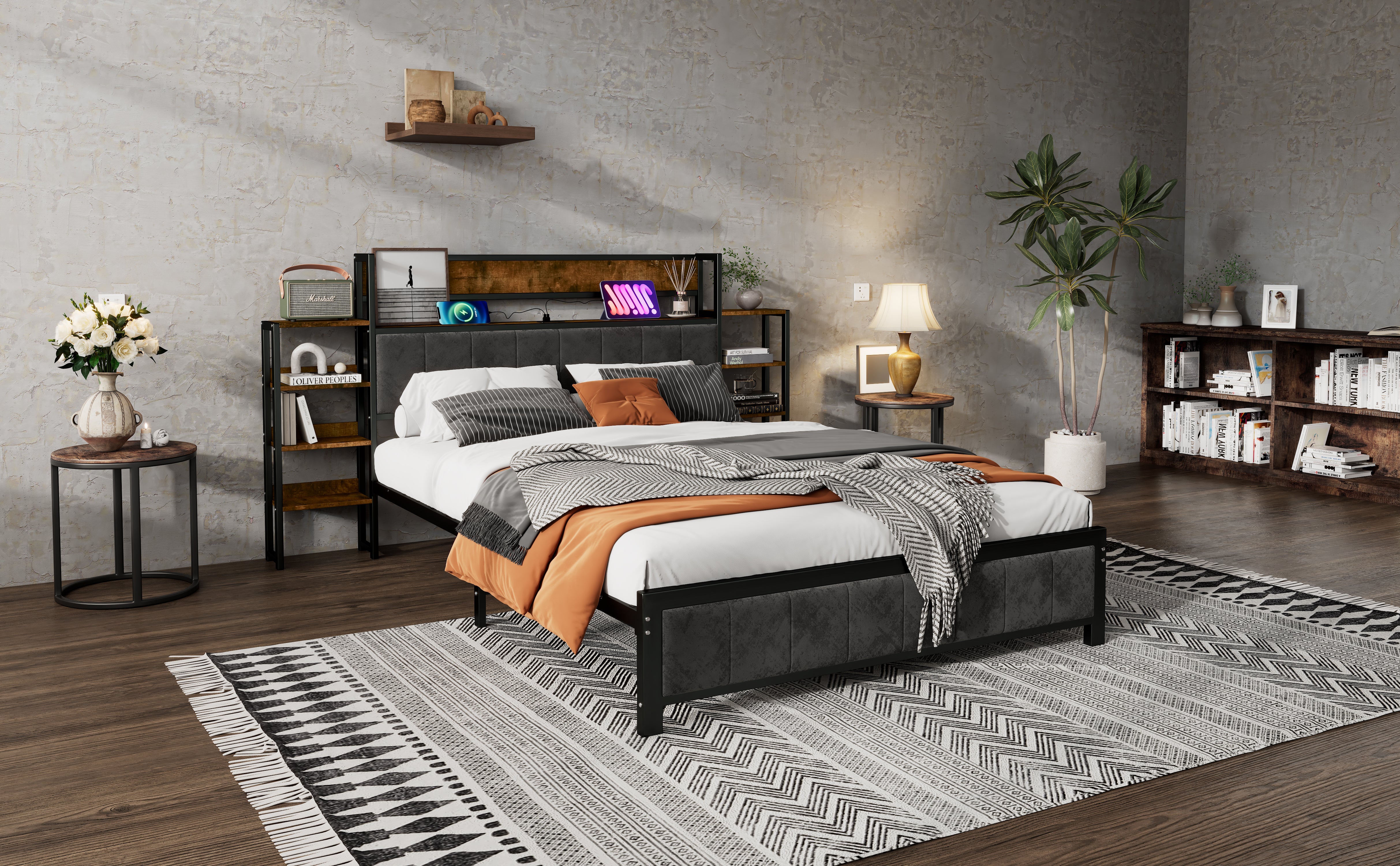 Logidon metalen bed 140x200 met opbergruimte USB-poorten zwart walnoot
