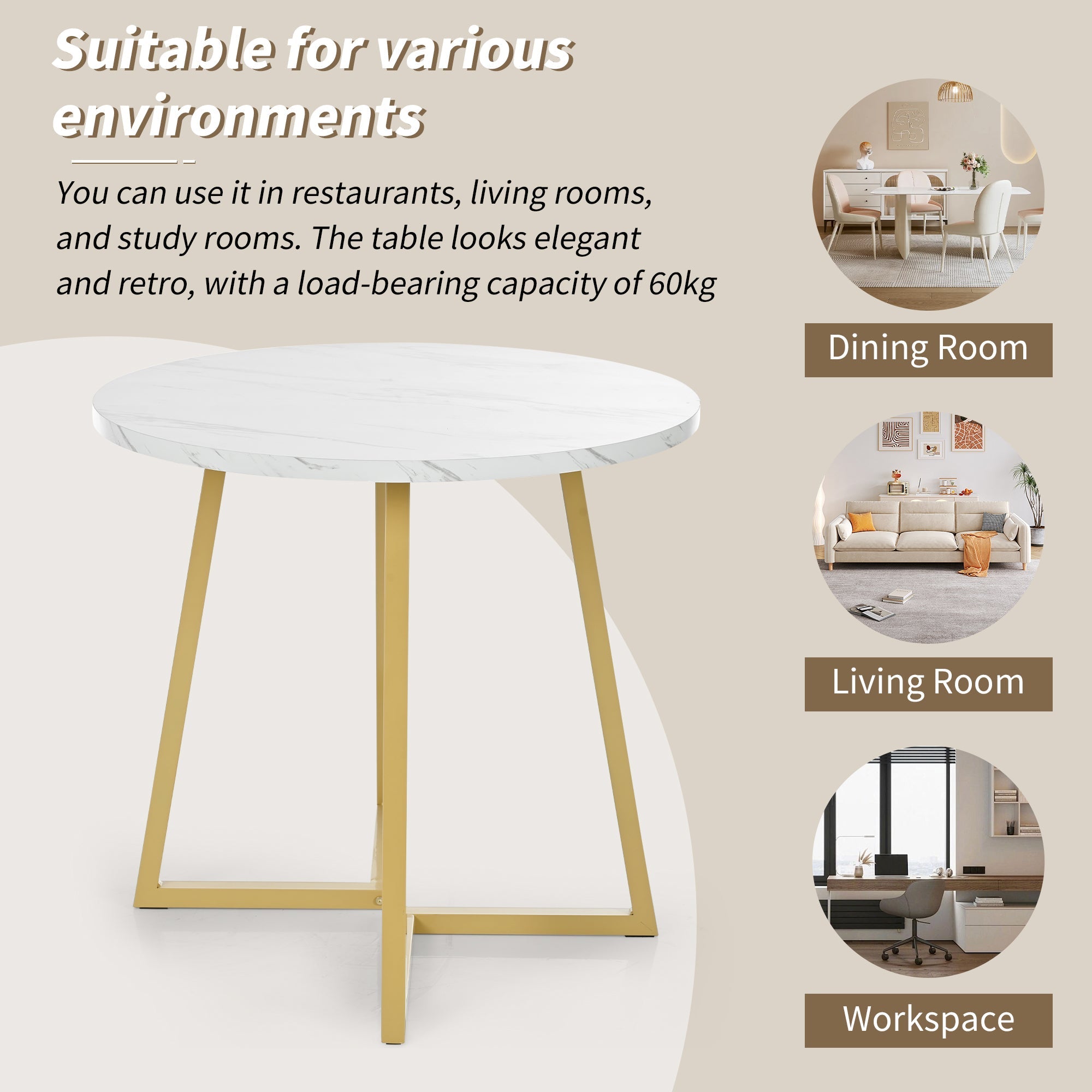 Logidon Ronde Eettafel Wit Marmeren Textuur Goud Frame 80 cm