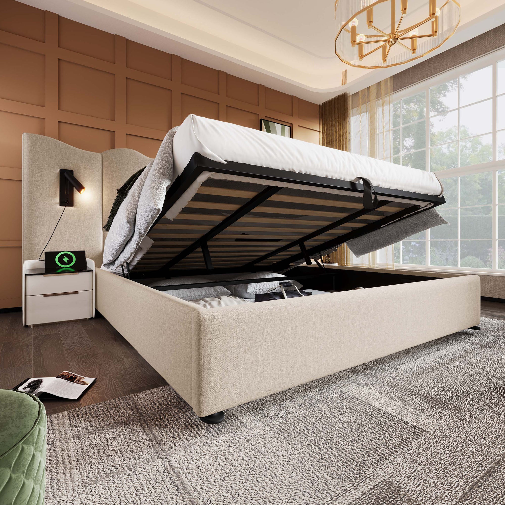 Logidon upholstered bed double bed 180x200 reading lamp USB C beige linen