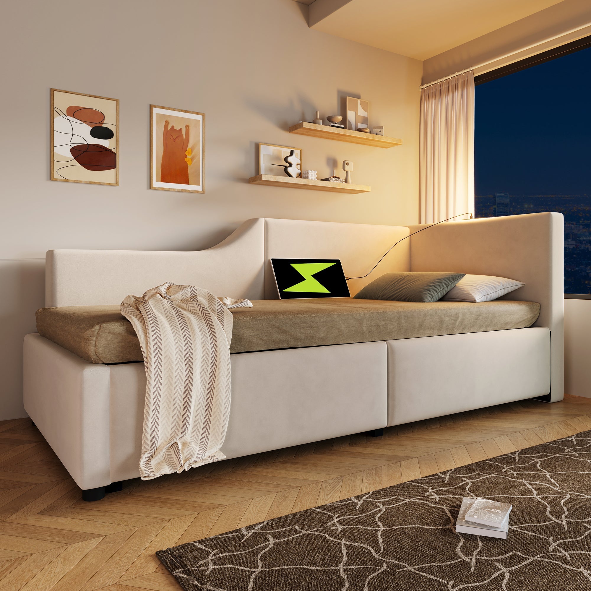 Logidon fluwelen dagbed 90x190 beige met opbergruimte, USB-C, leeslampje