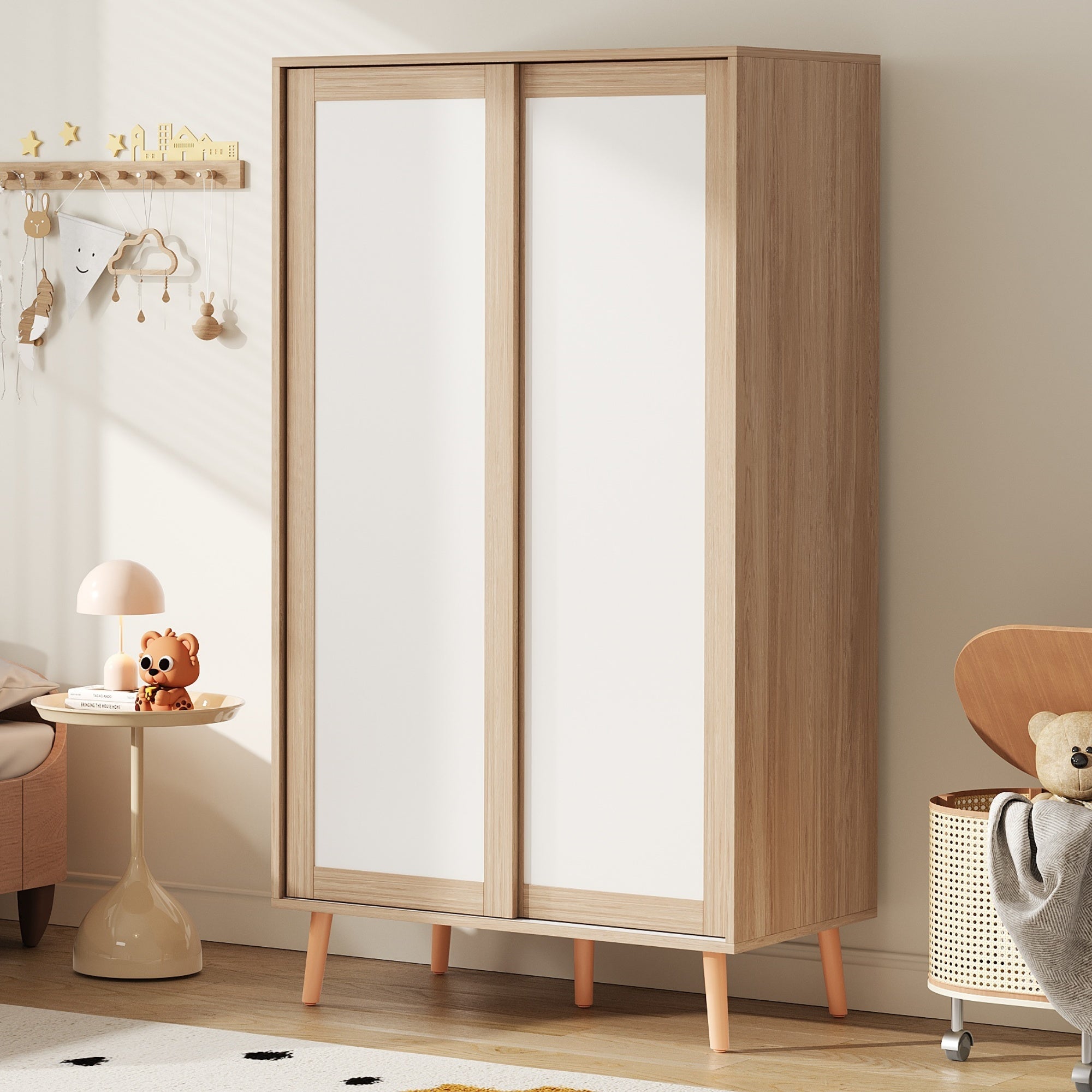 Logidon Children's Wardrobe Sliding Door Open Wardrobe White Natural Wood 141.5 cm