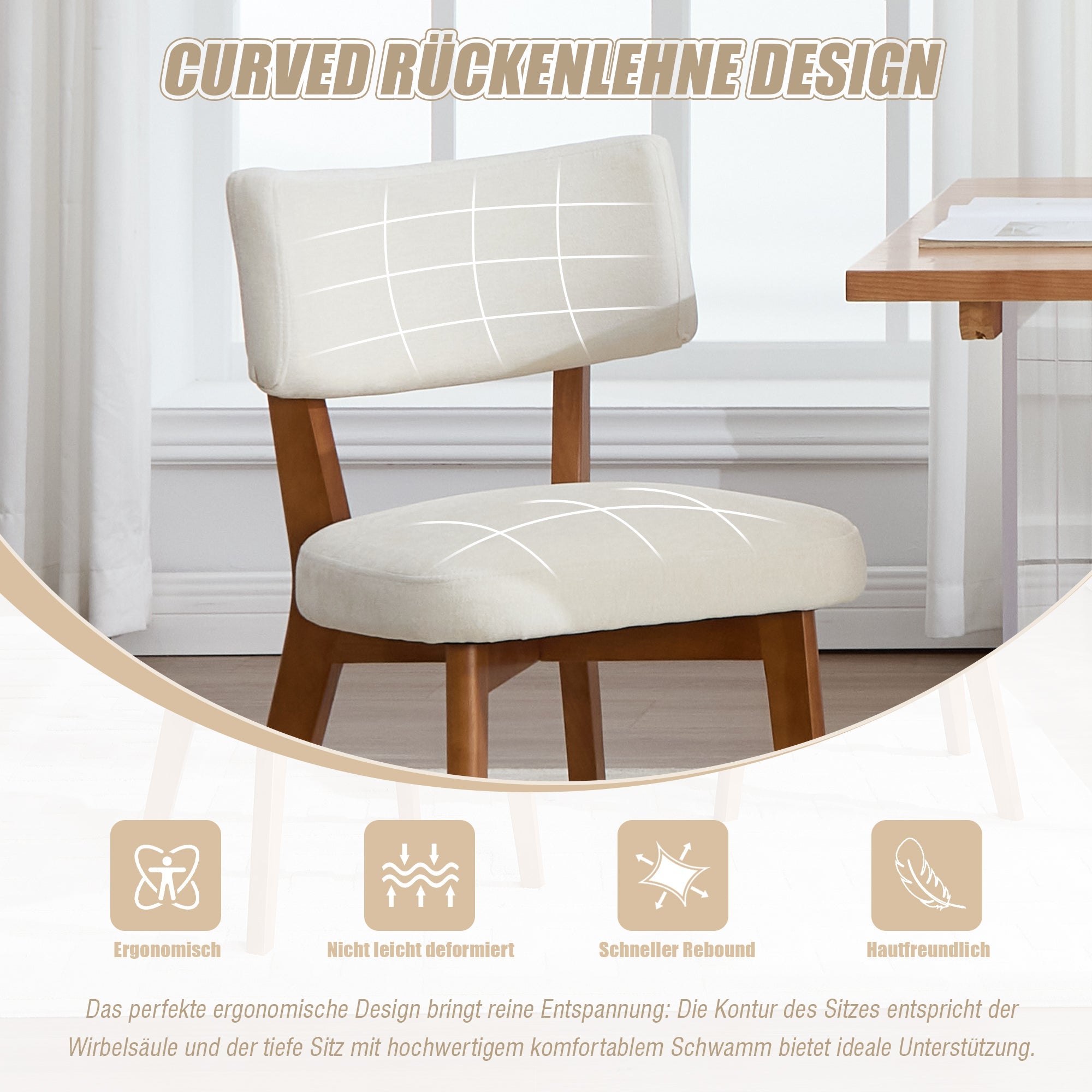 Logidon Set van 2 eetkamerstoelen Modern Retro met massief houten poten Beige
