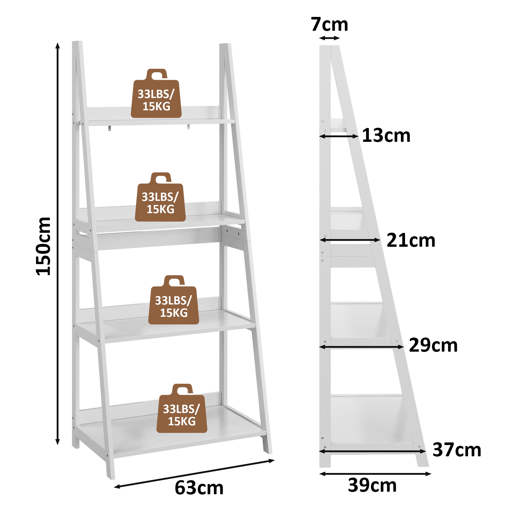 Logidon ladderboekenkast wit 4-laags staande plank 63x39x150 cm