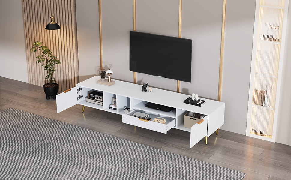Logidon White TV Stand with Honeycomb Pattern and Storage Space for up to 80 Inches