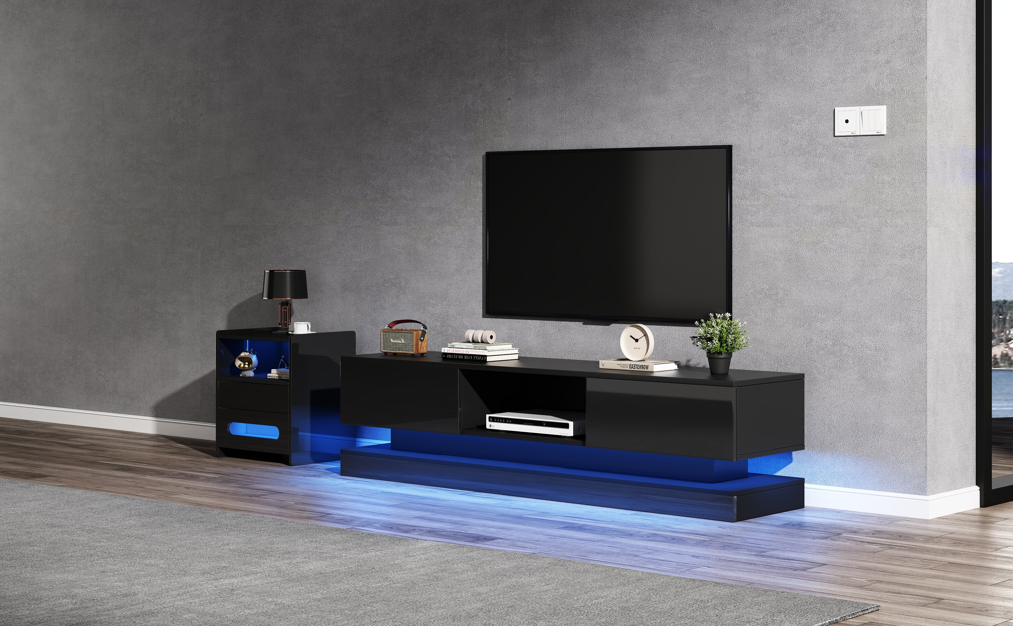 Logidon Zwart Hoogglans TV-meubel 160 CM Met LED 2 Laden