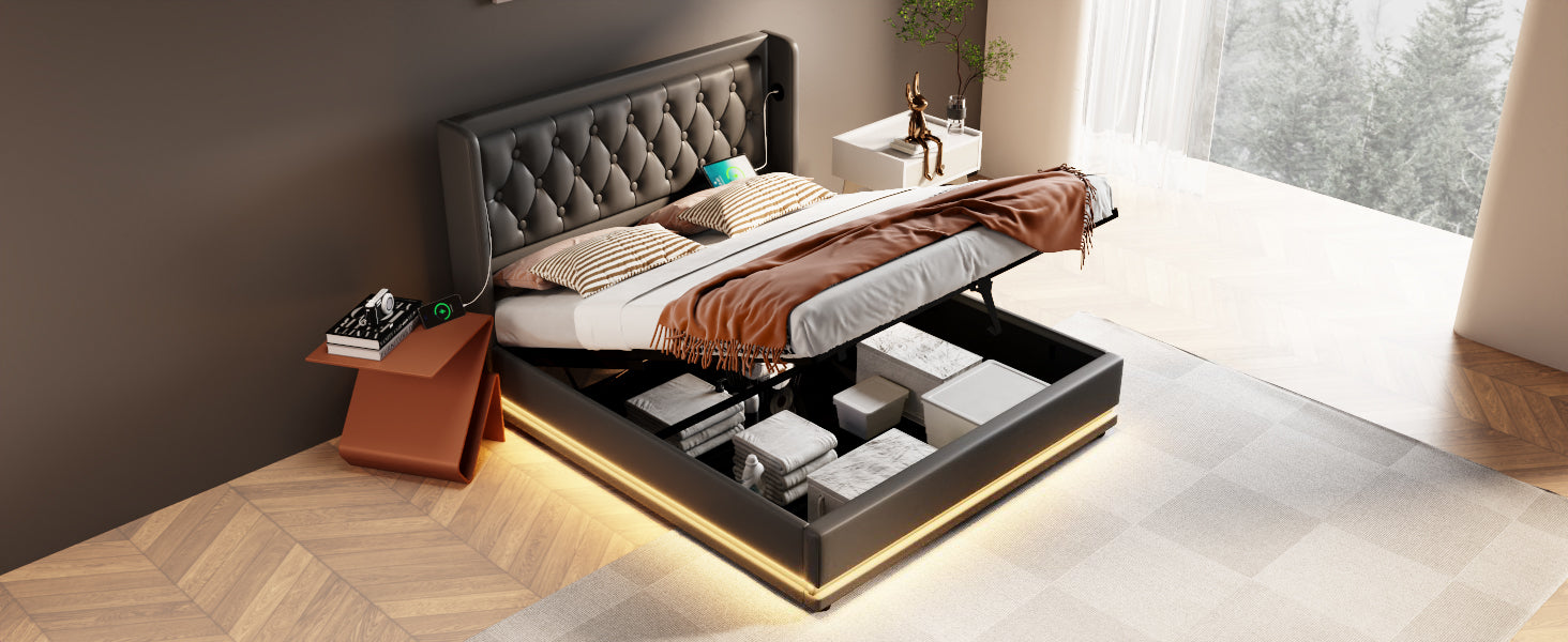 Logidon gestoffeerd bed 140x200 cm zwart PU met opbergruimte USB-C LED