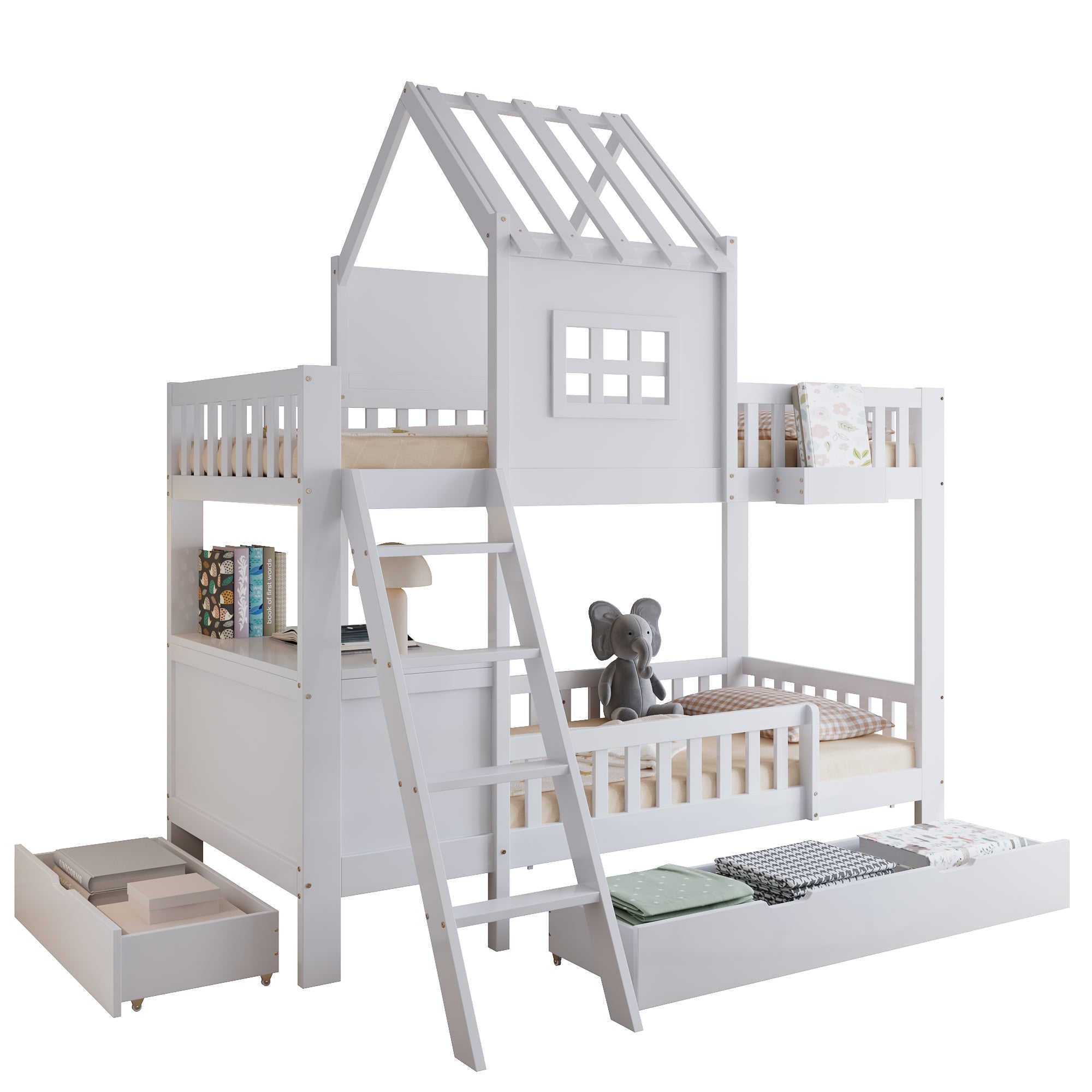 Logidon stapelbed 90x200 wit met dak, raam en 2 lades