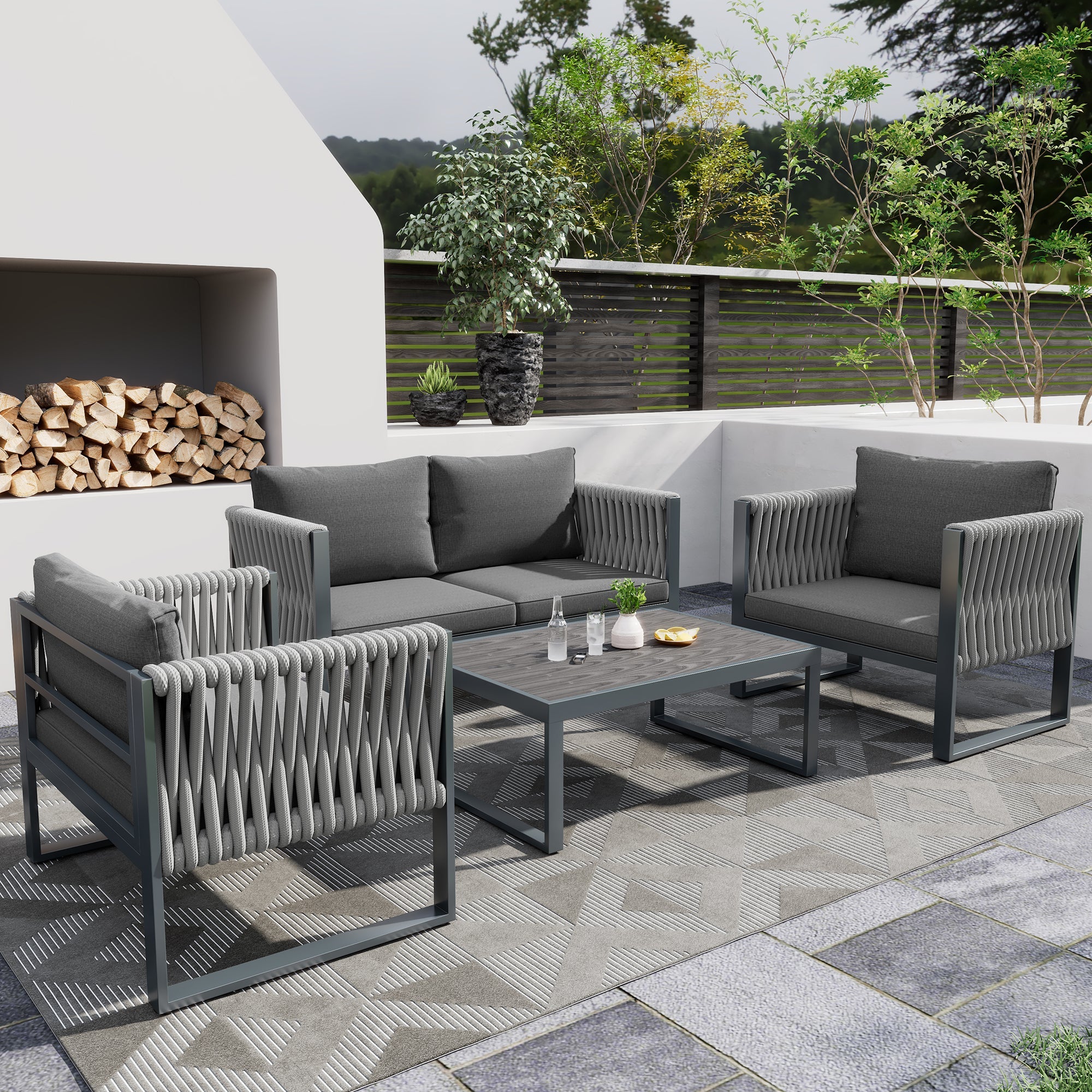 Logidon Tuinloungeset Grijs Touw met Gegalvaniseerd Ijzeren Frame Set van 4