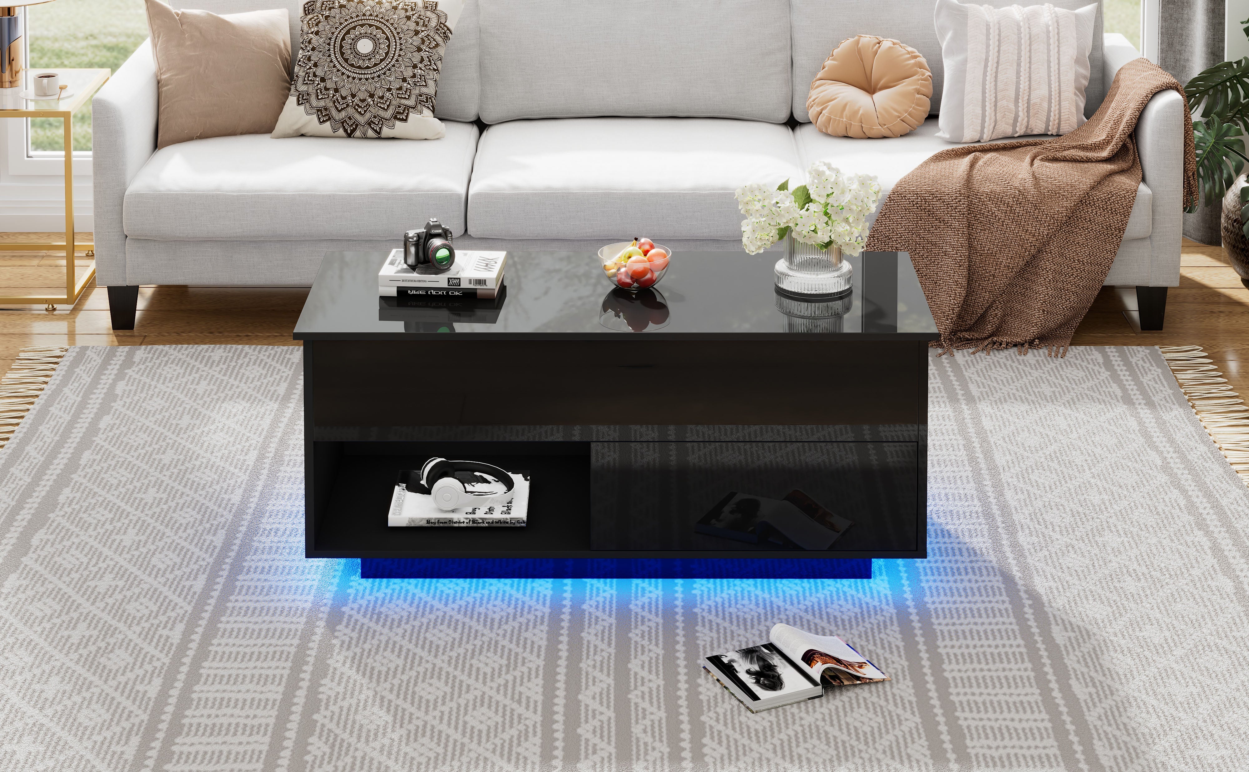 Logidon hoogglans salontafel 100x50x55 cm zwart LED-verlichting