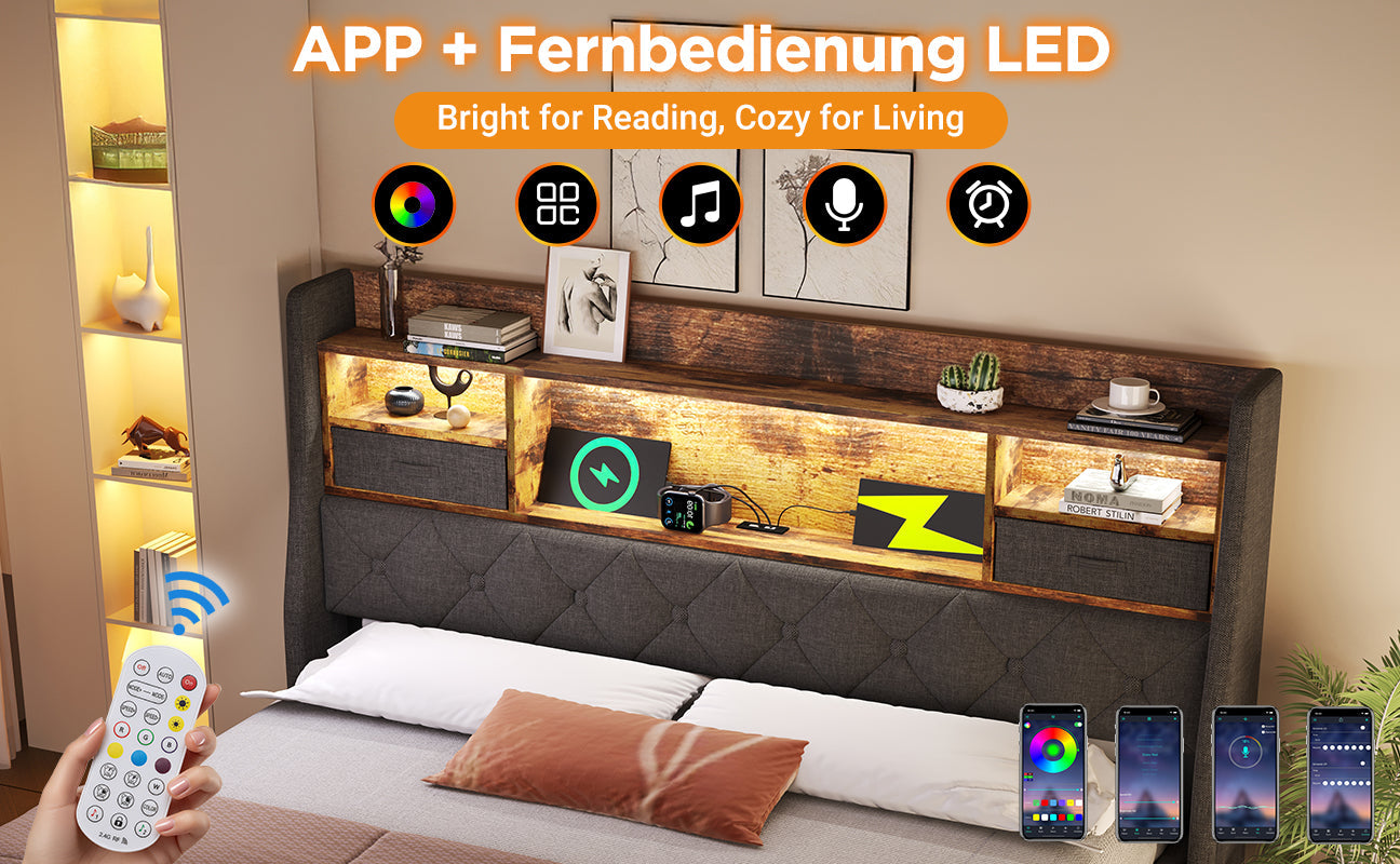Logidon gestoffeerd bed 160x200 cm met opbergruimte, LED-hoofdbord, USB-C