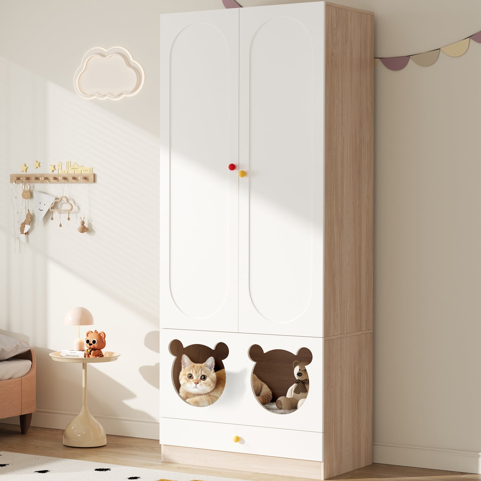 Logidon kinderkledingkast wit naturel hout met kattenmand 80x50x200cm