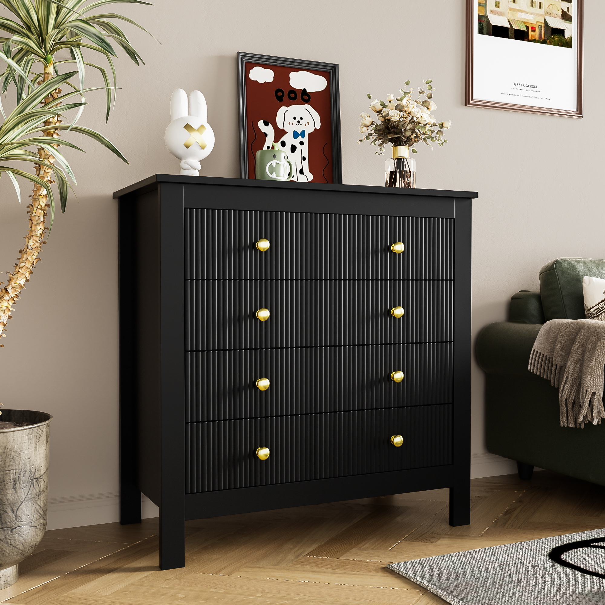 Logidon Dressoir 5 Laden Zwarte Ladekast Met Gouden Handgrepen 79 cm