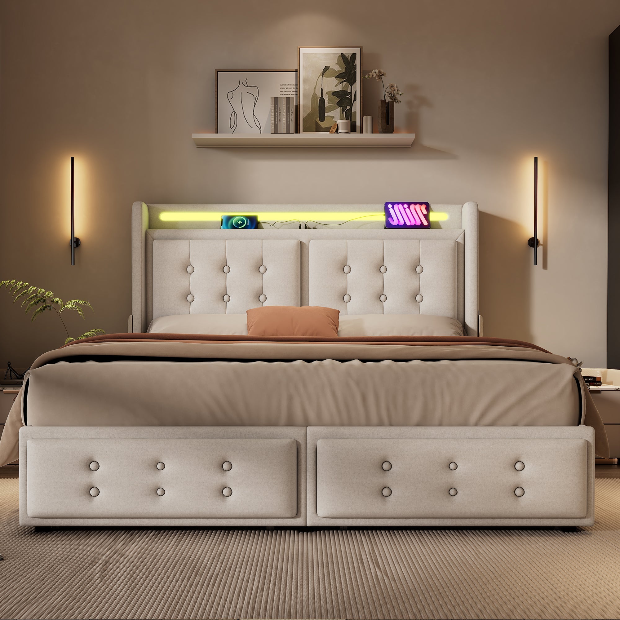 Logidon gestoffeerd bed 160x200 beige LED-hoofdbord USB-C oplaadfunctie