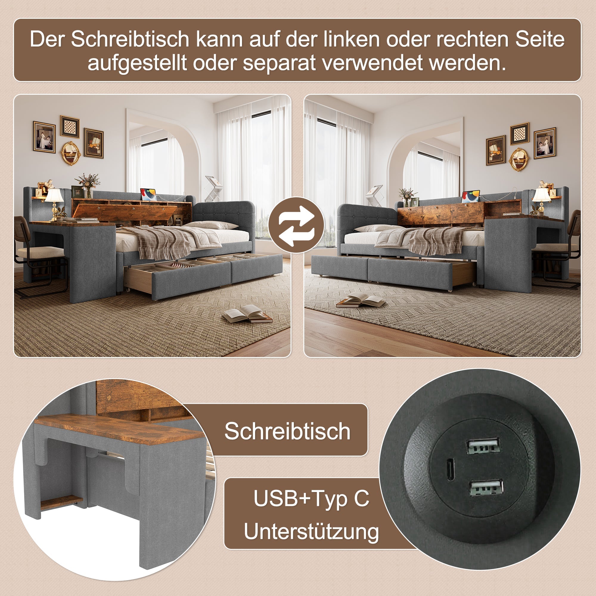 Logidon Daybed 90x200 cm slaapbank met bureau grijs USB Type C