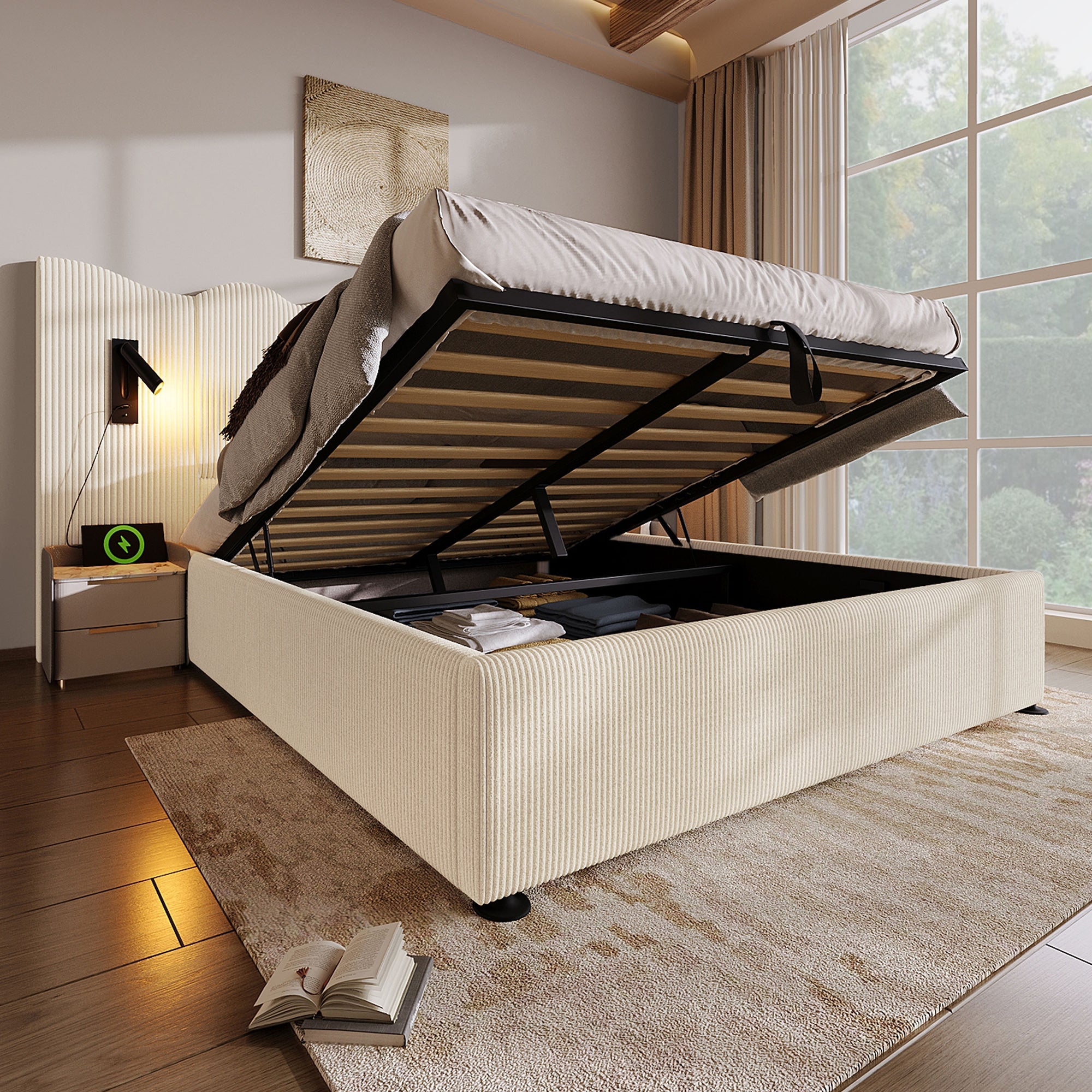 Logidon gestoffeerd bed beige-wit 160x200 met leeslamp USB-C oplaadfunctie