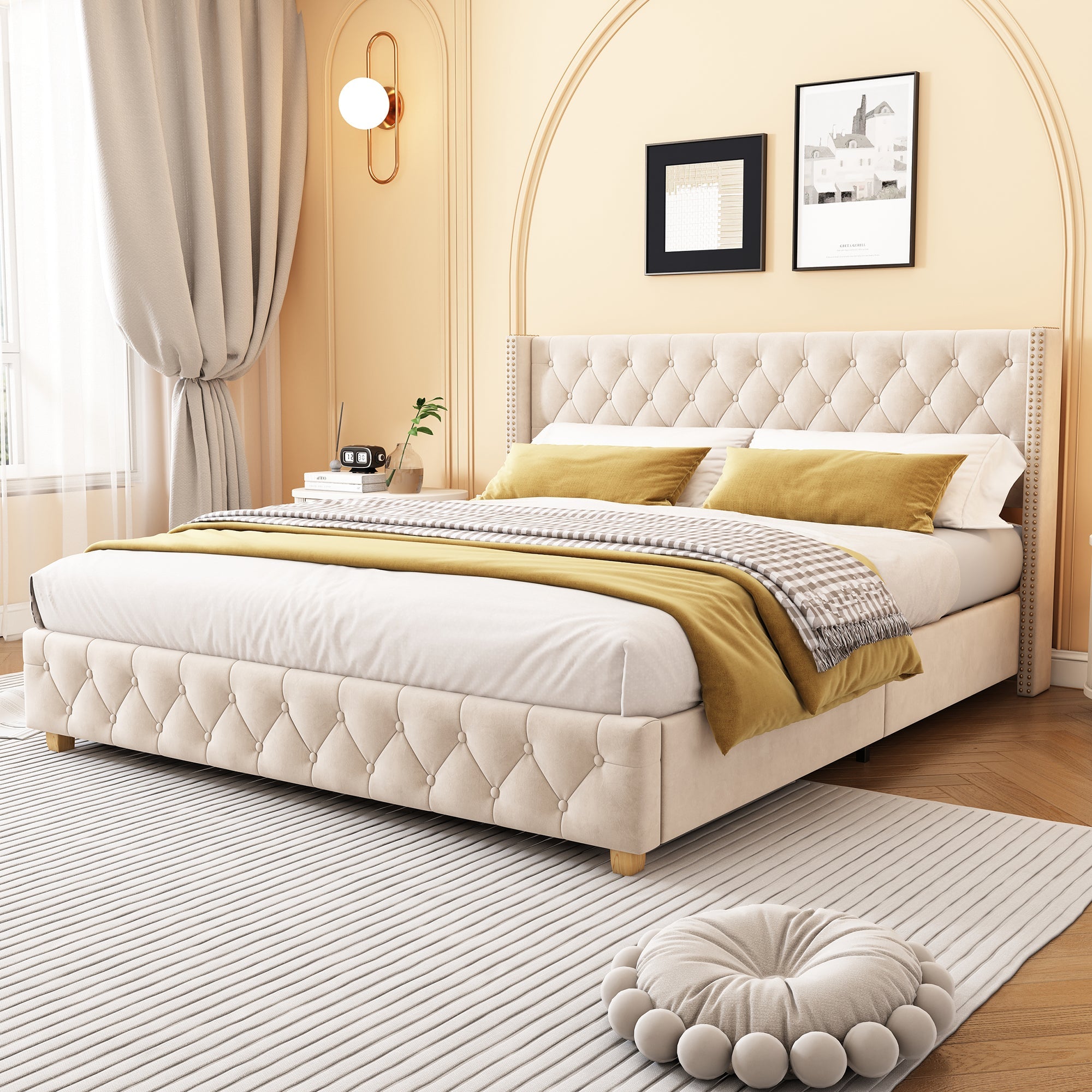 Logidon gestoffeerd bed 160x200 cm fluweel lichtbeige met lattenbodem
