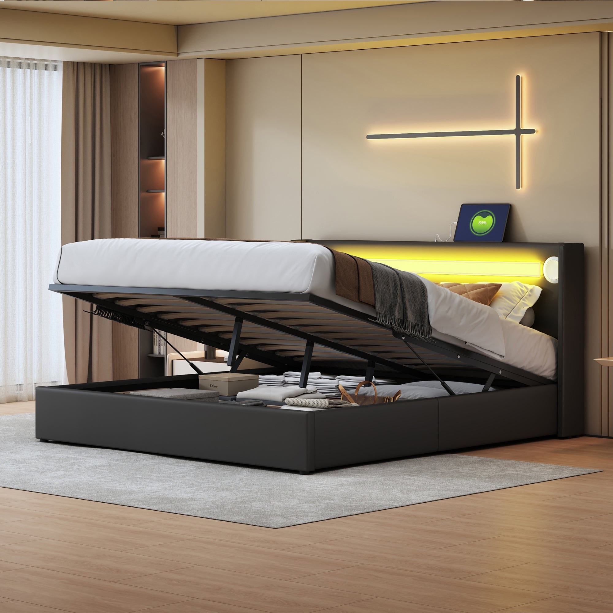 Logidon gestoffeerd bed 160x200 zwart met LED lichtstrip USB opladen
