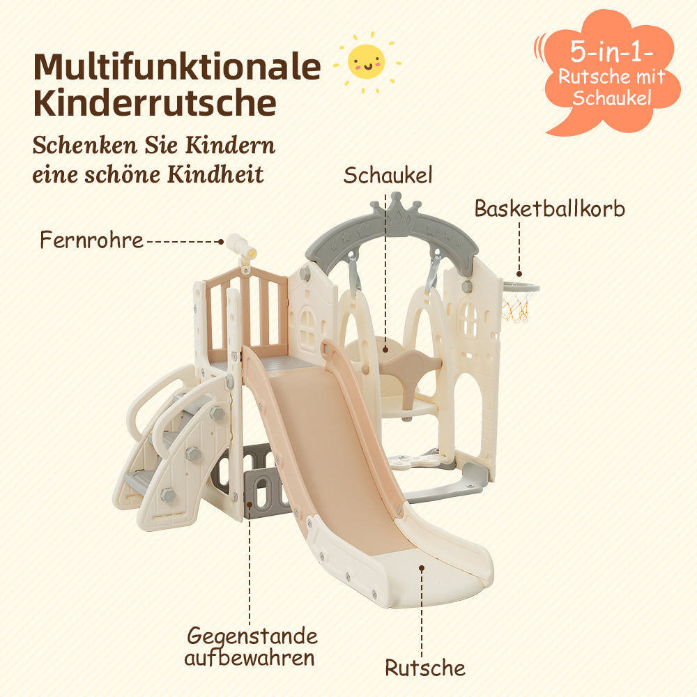 Logidon 5-in-1 kinderspeelset bruin antiek wit schommelglijbaan