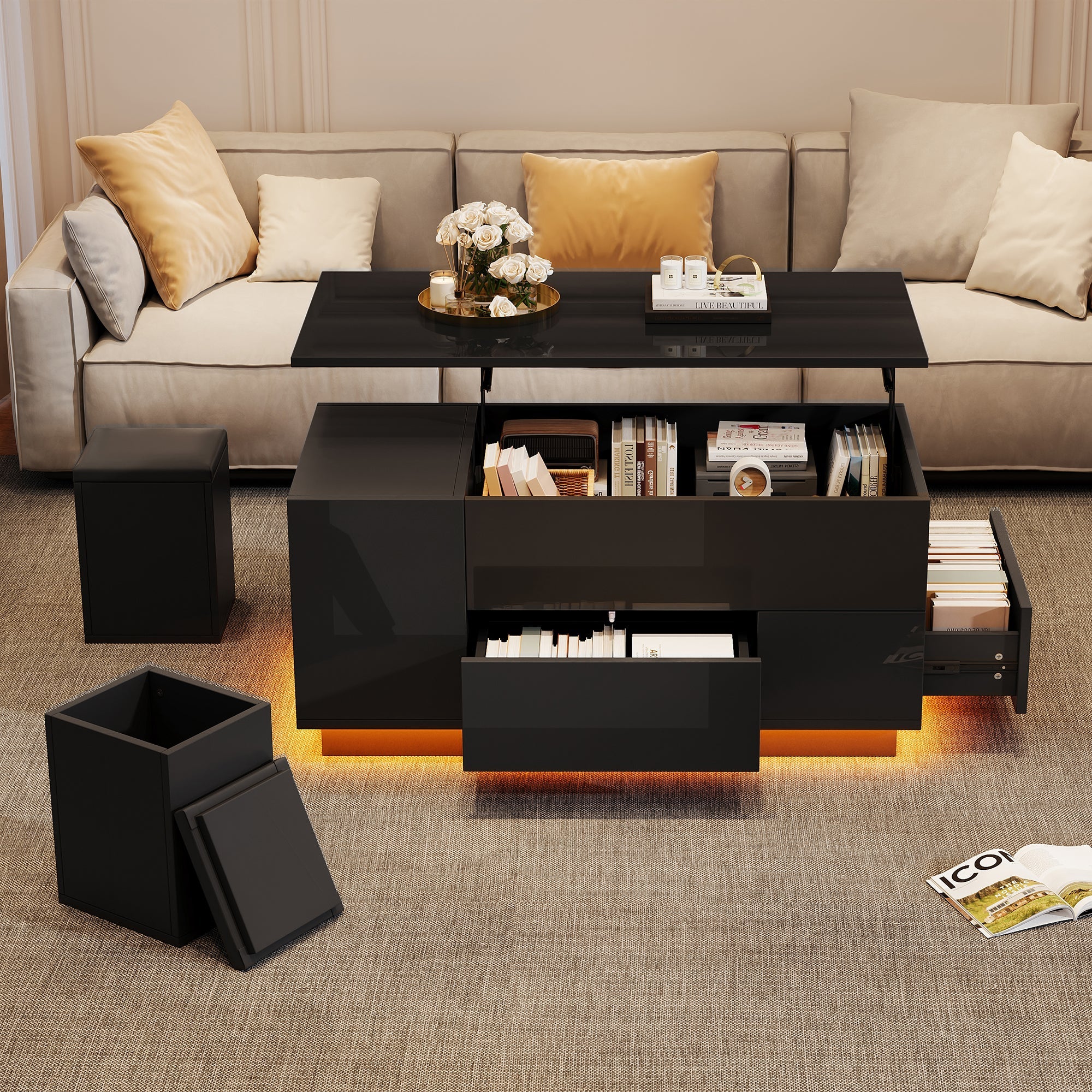 Logidon 4-in-1 in hoogte verstelbare salontafel zwart 100x50x45 cm LED