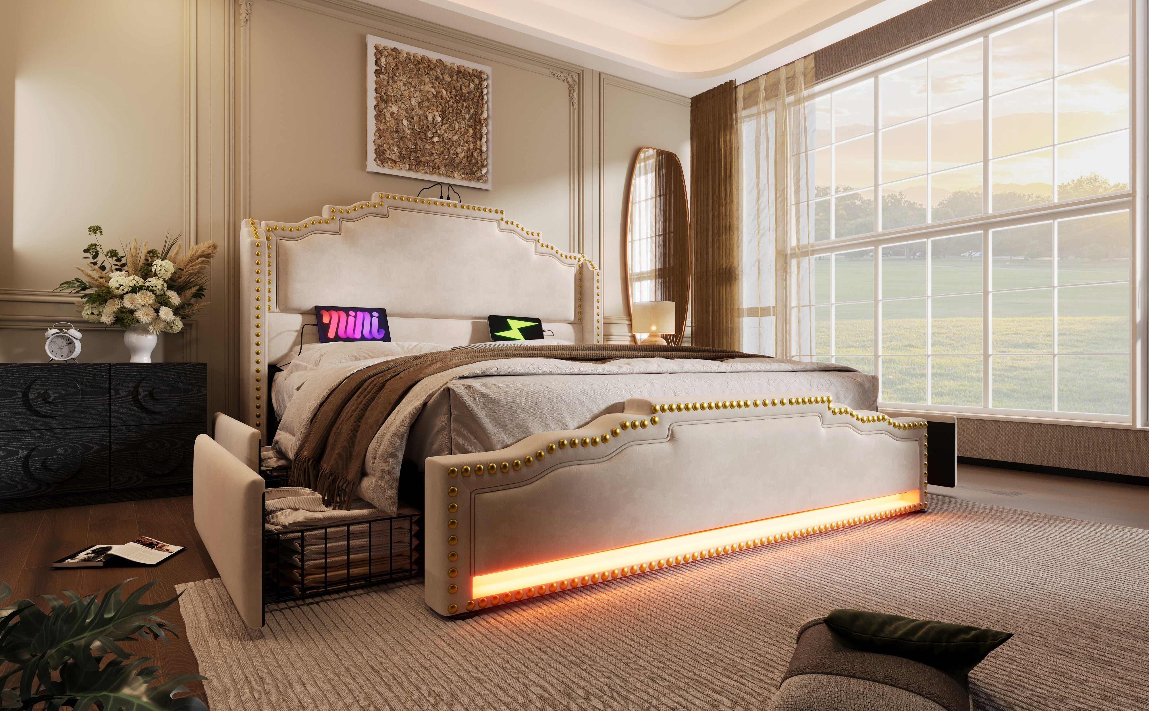 Logidon gestoffeerd bed 140x200 beige LED USB C 4 lades met matras