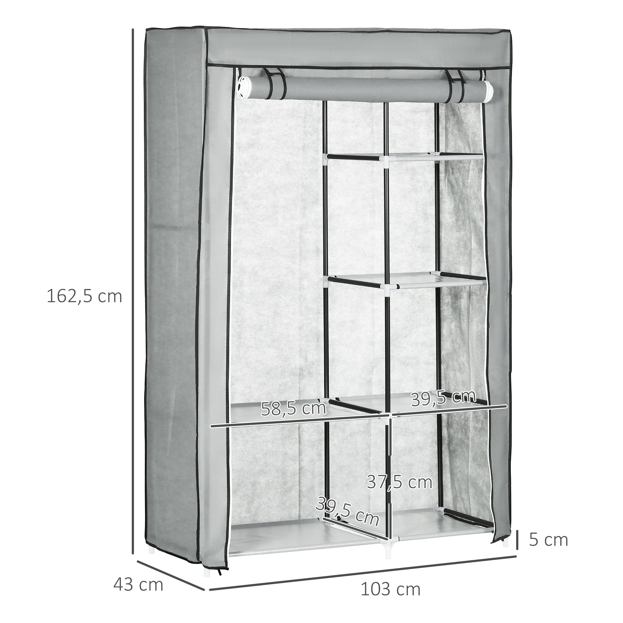 Logidon stoffen kledingkast grijs 6 vakken 103x43x162,5 cm opvouwbare kledingkast