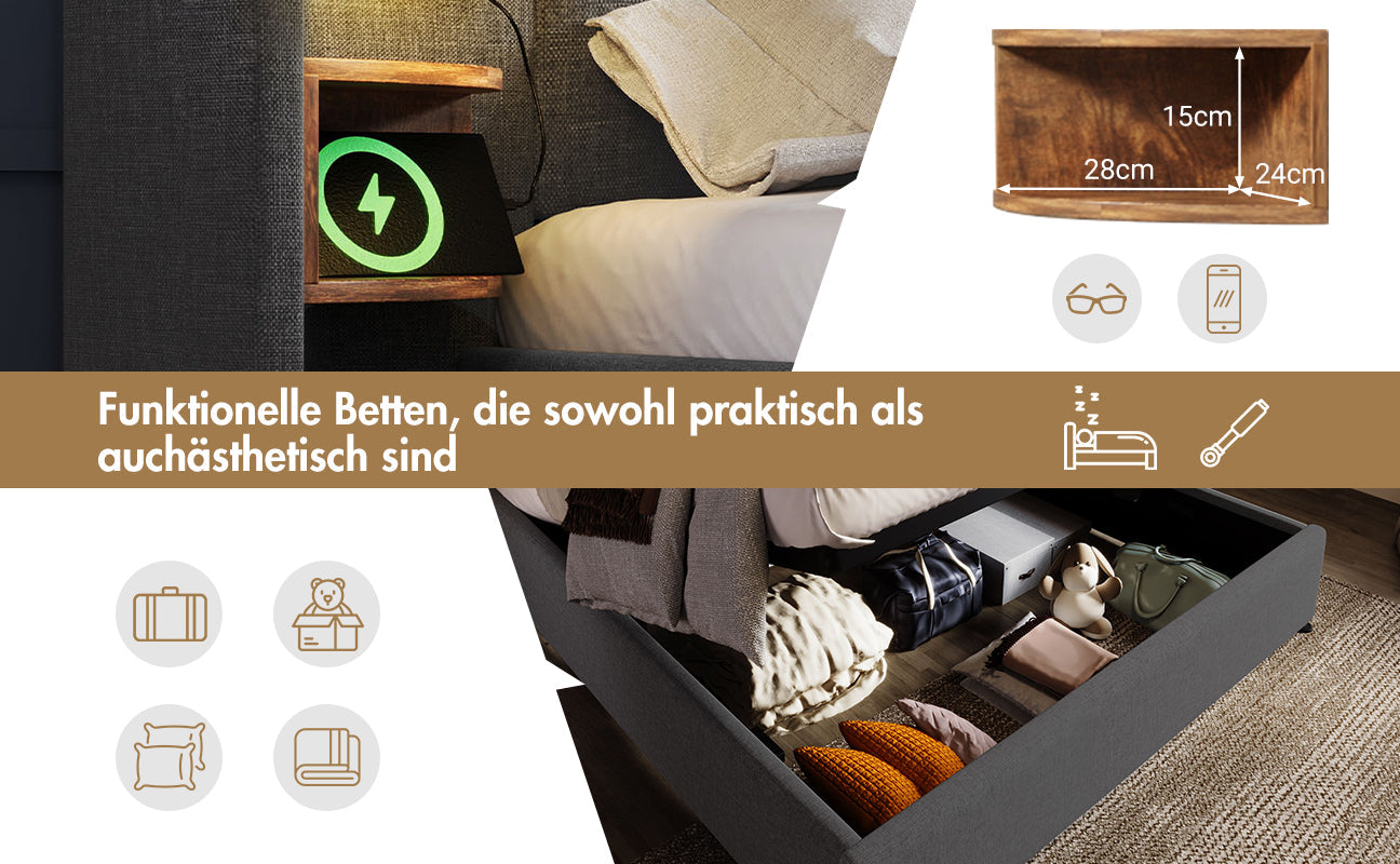 Logidon gestoffeerd bed tweepersoonsbed 180x200 grijs linnen nachtkastje USB C