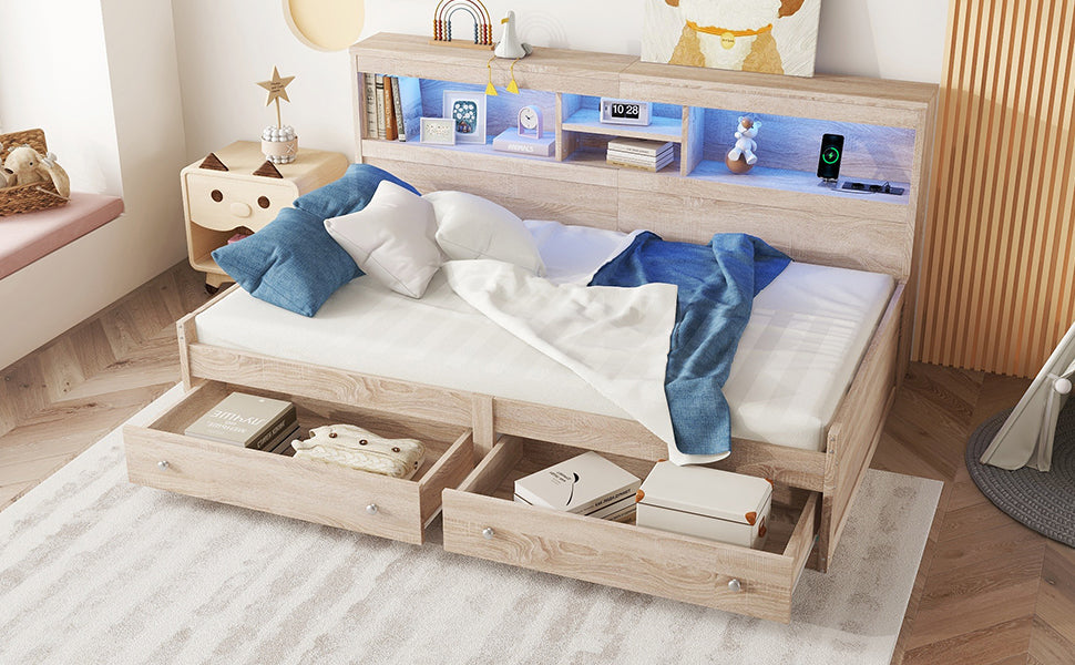Logidon Daybed 90x200cm slaapbank met sfeerverlichting USB naturel