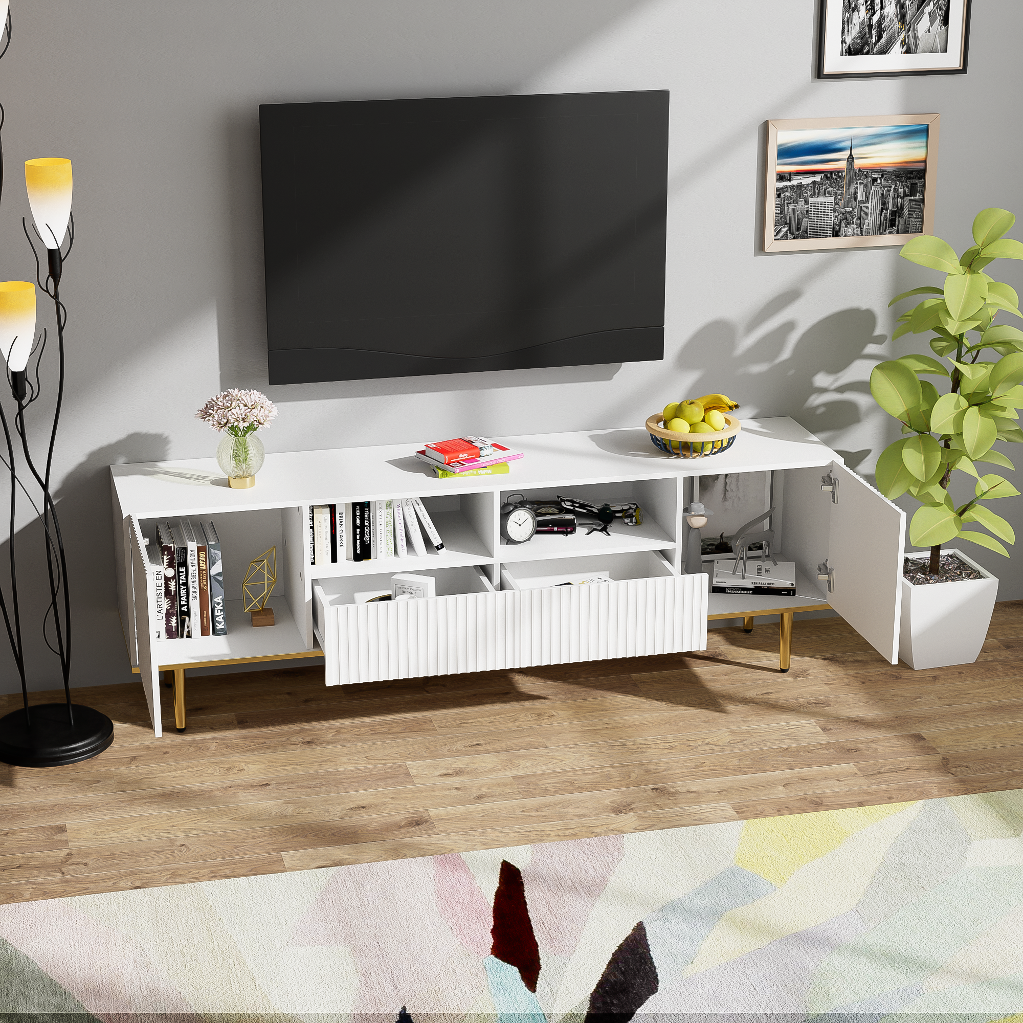 Logidon Modern tv-meubel wit met gouden poten en gouden bies