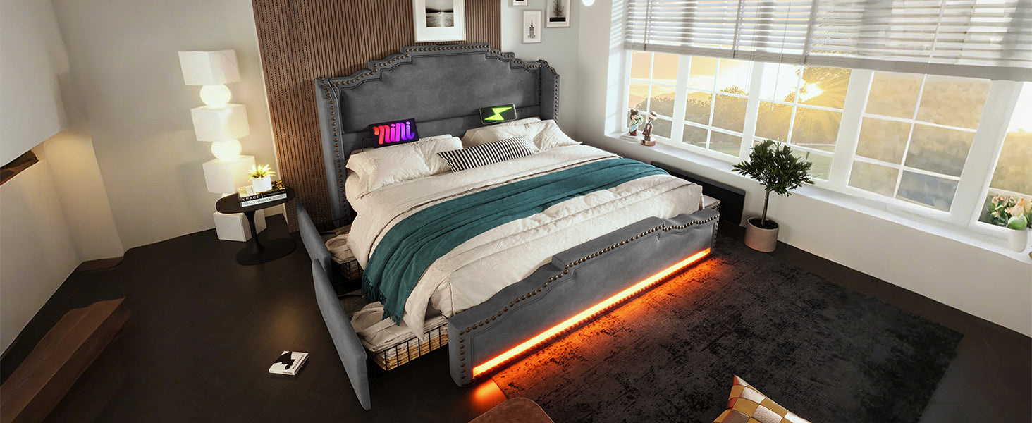 Logidon gestoffeerd bed 140x200 grijs fluweel met 4 lades en USB C
