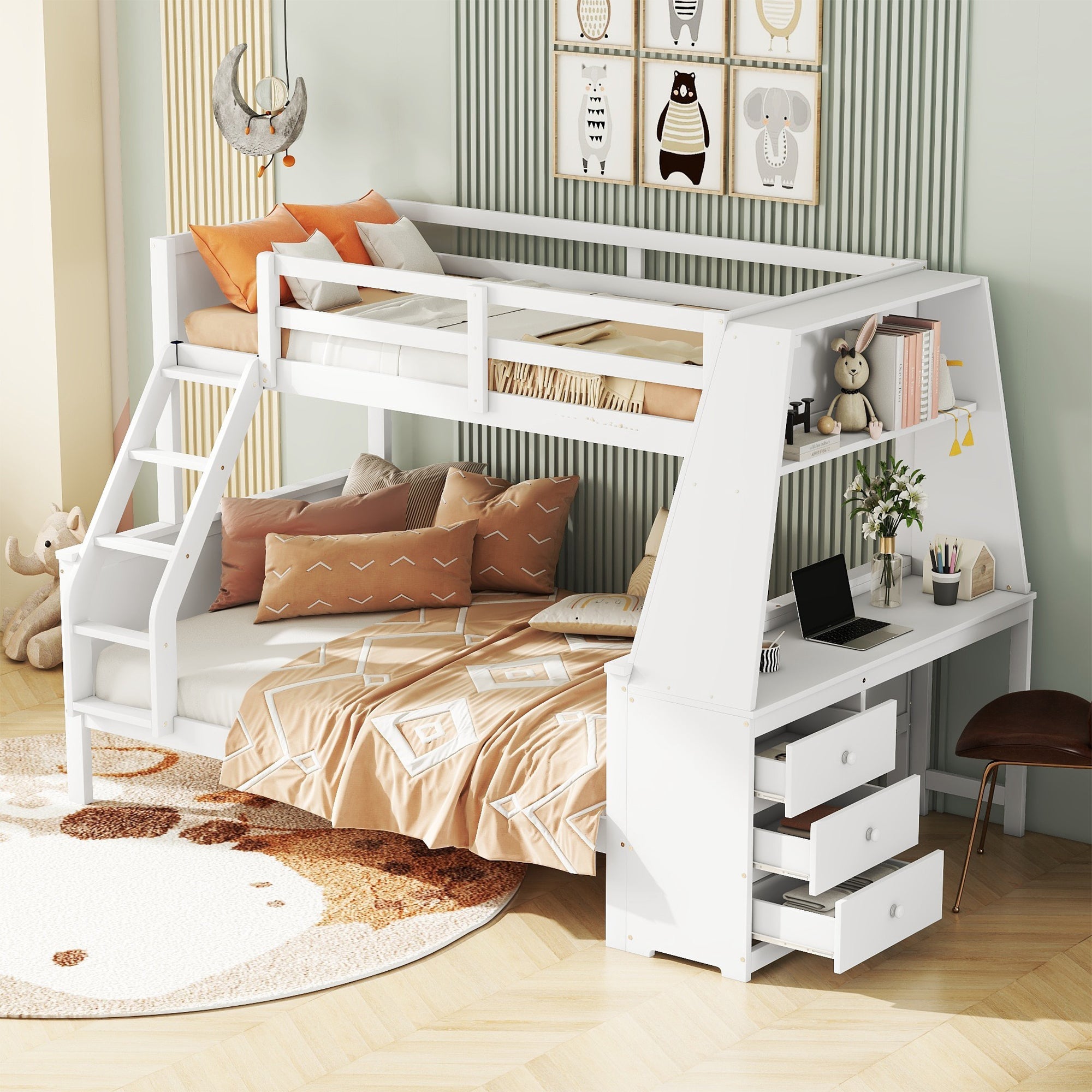 Logidon Bunk Bed 90x200 and 140x200 with Table and Storage Space White