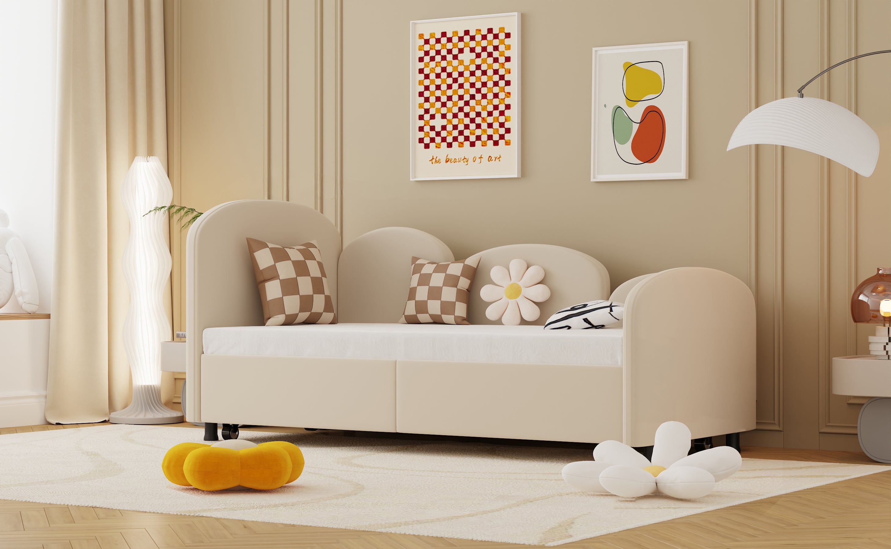 Logidon 2-persoonsbed, gestoffeerd met lades fluweelbeige