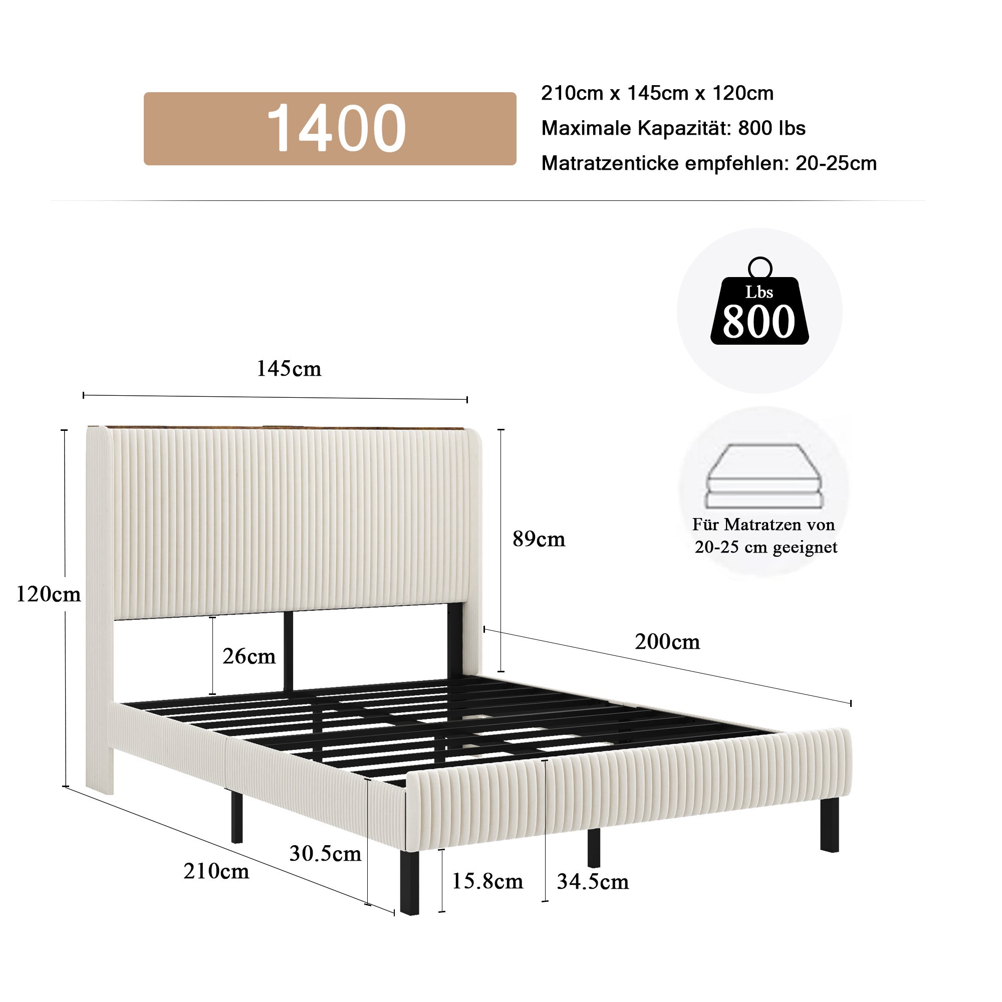 Logidon bedframe 140x200 beige fluwelen platformbed met vleugelhoofdeinde