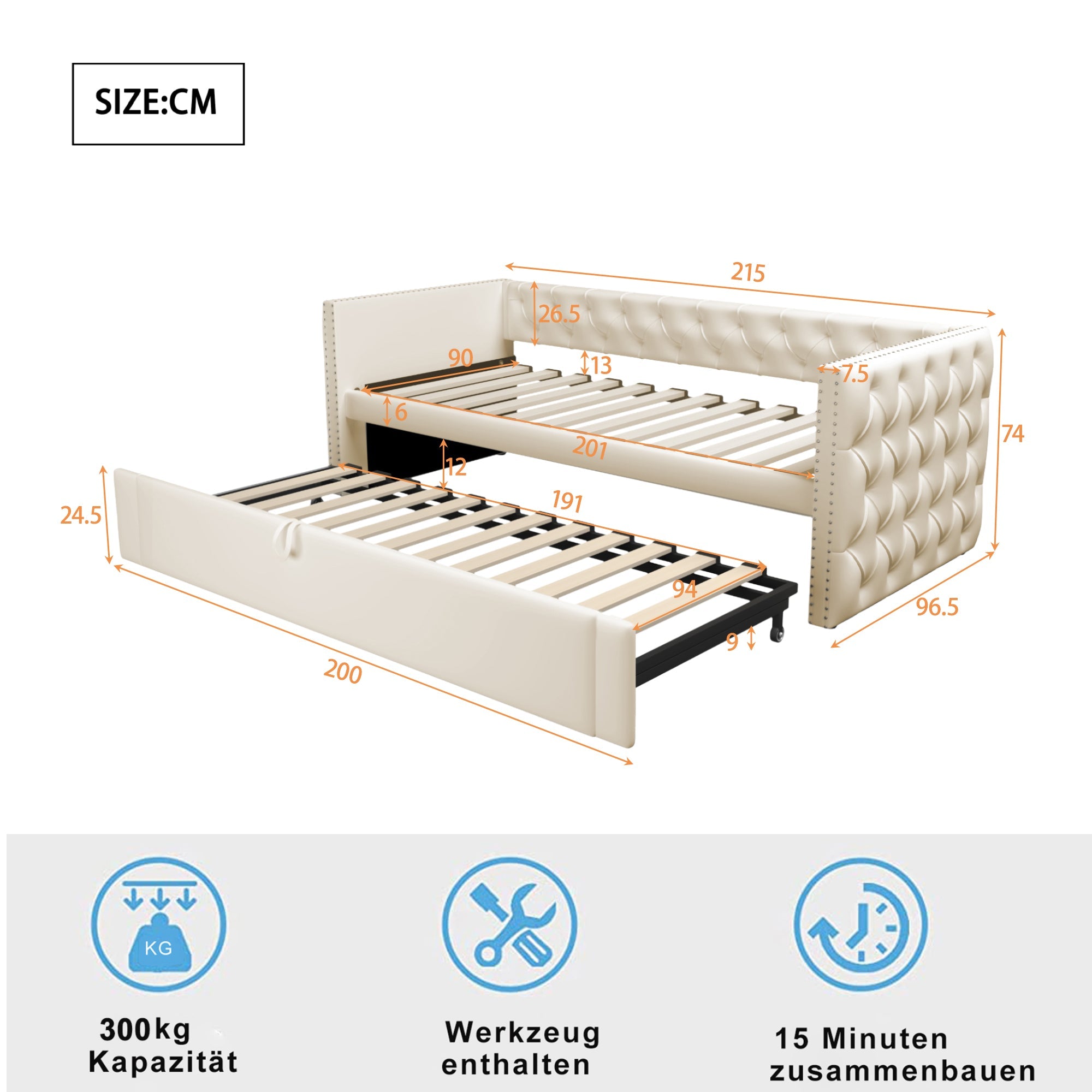 Logidon gestoffeerd bed slaapbank 90x200 beige fluwelen lattenbodem