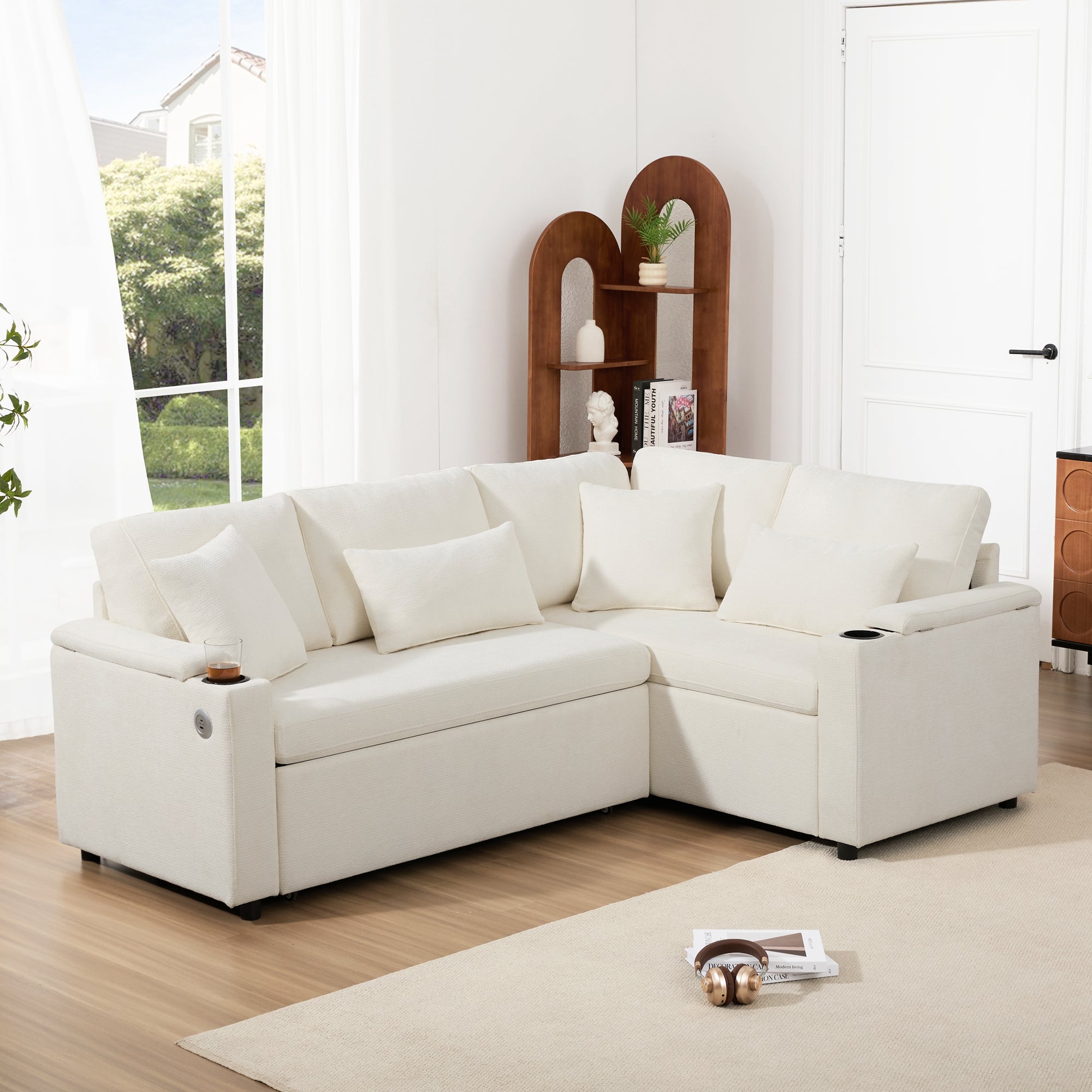 Logidon L-vorm hoekbank beige slaapbank opbergruimte USB-oplaadpoort