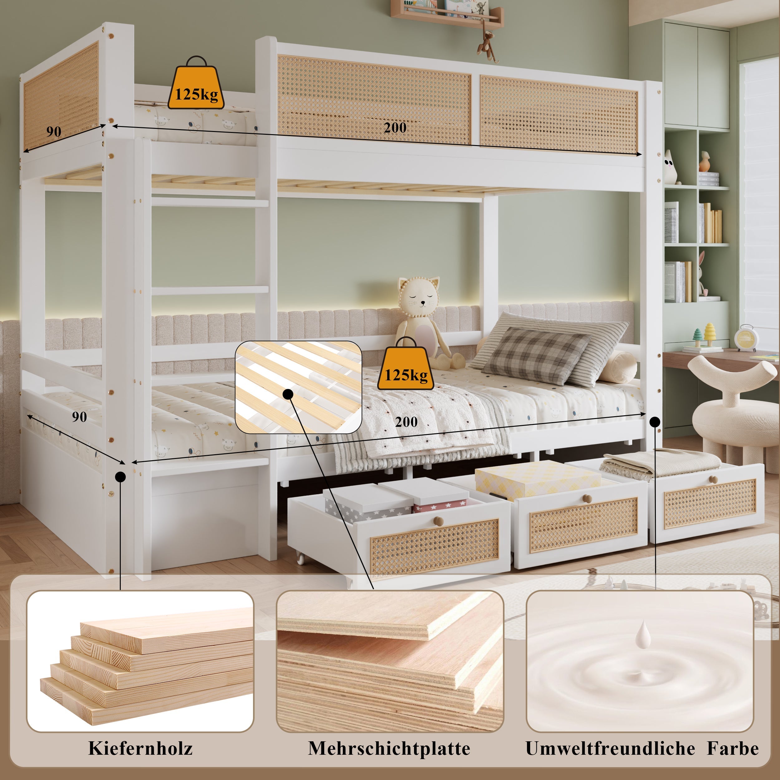 Logidon stapelbed 90x200 cm wit met rotan hekwerk drie lades