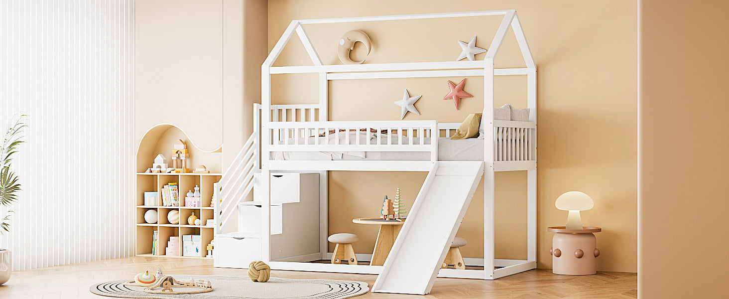 Logidon hoogslaper kinderstapelbed 90x200 wit glijbaan met opbergladder