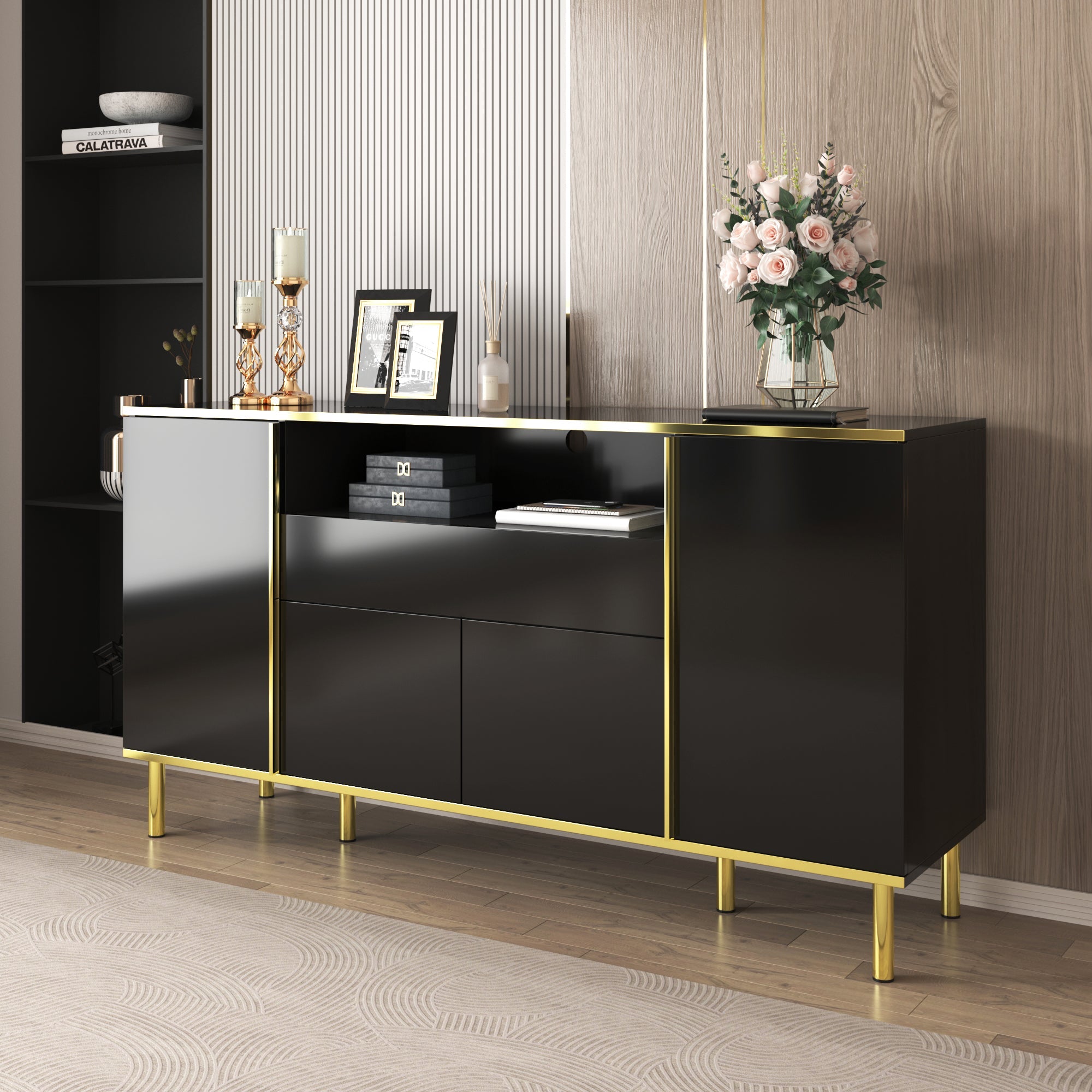 Logidon high-gloss sideboard black 150x40x80 with LED accents