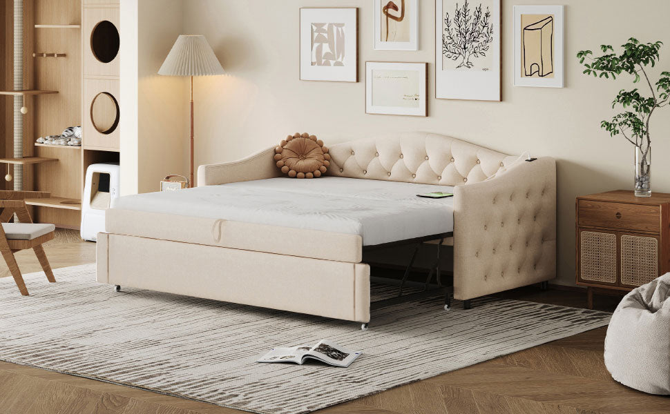 Logidon uitschuifbare slaapbank 90x200 beige met USB-poort