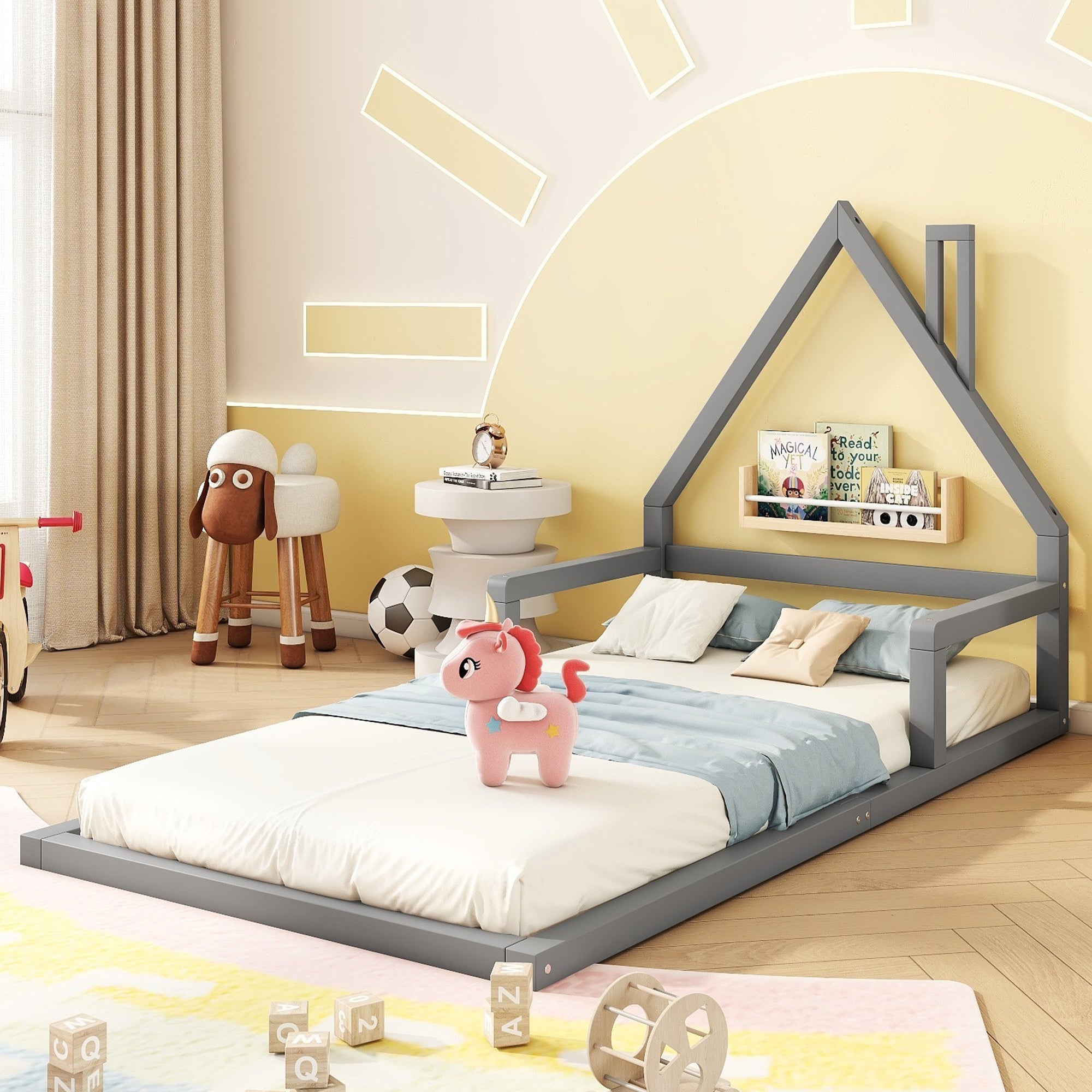 Logidon children's bed 90x200 cm flat bed house shape gray solid wood