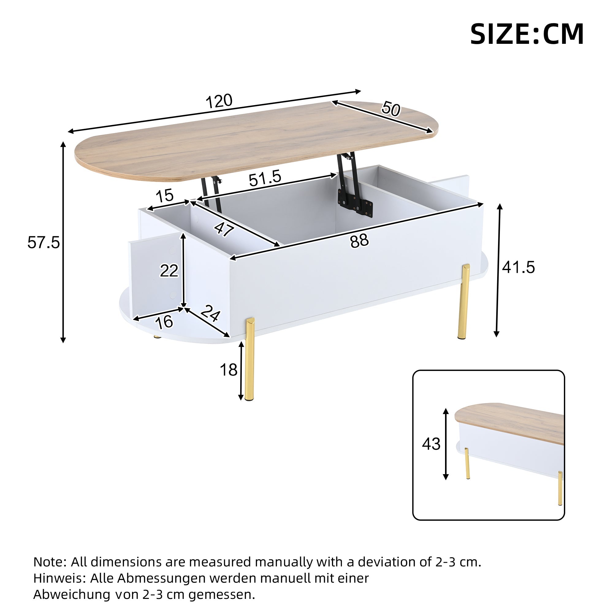 Logidon Verstelbare Salontafel 120x50x43 cm Met Opbergruimte Wit Hout