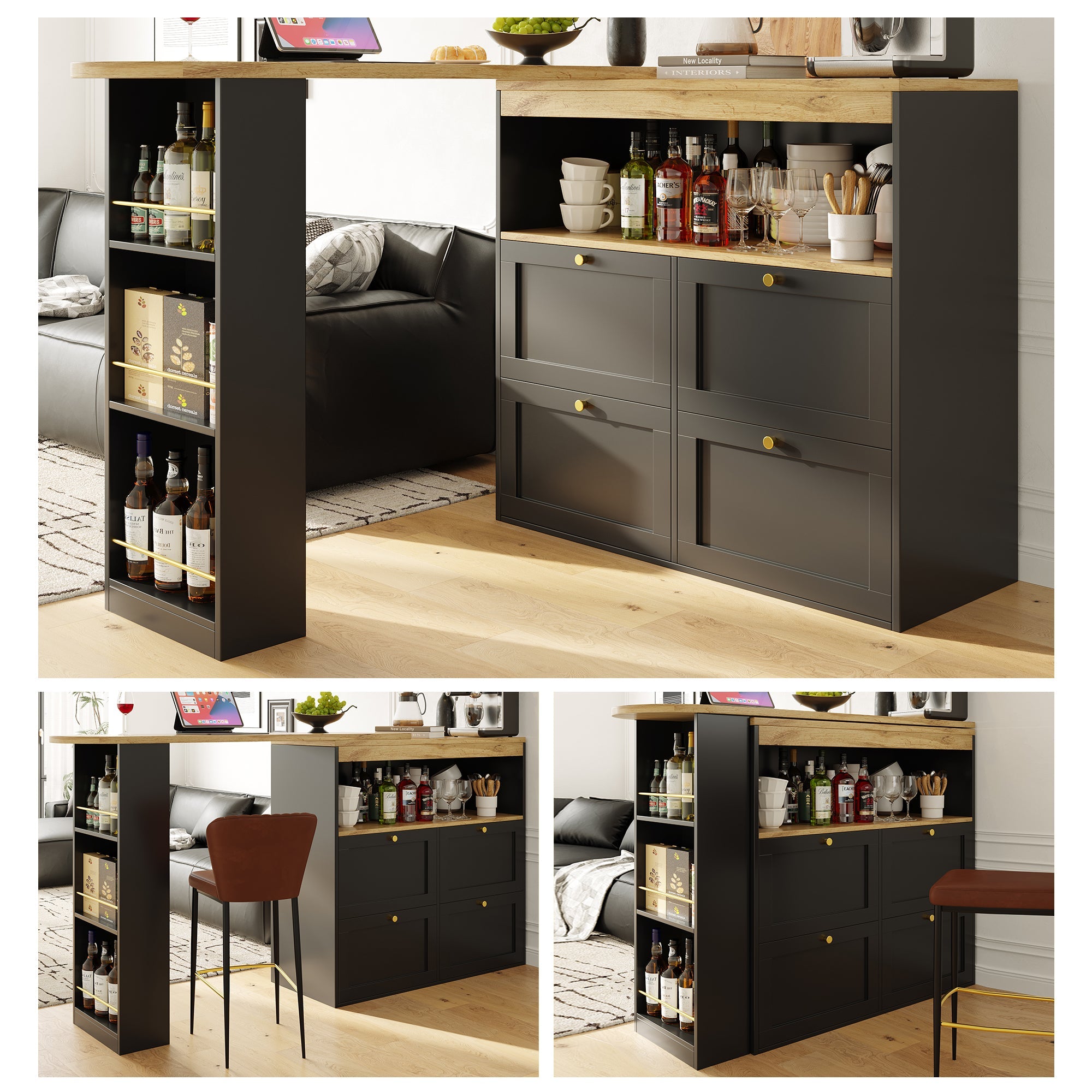 Logidon 360 graden draaibare eetbar zwart 138 cm - 4 lades