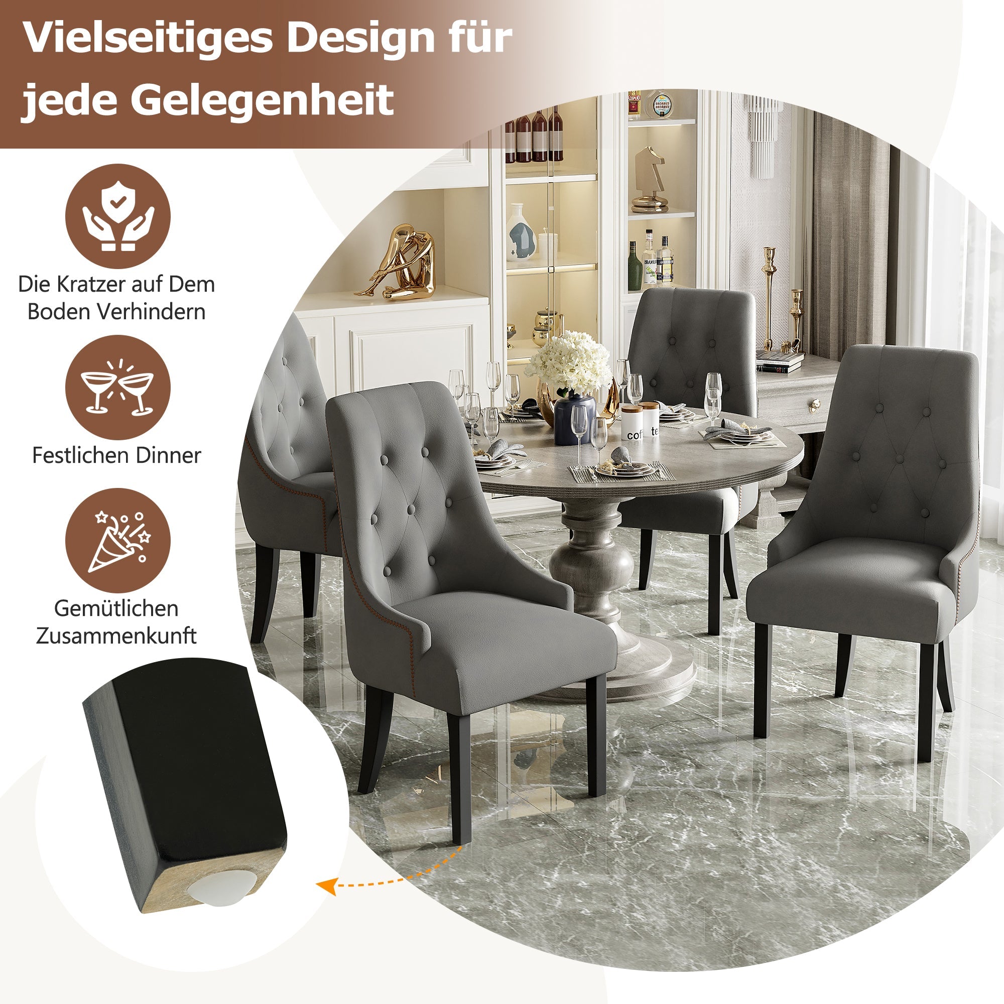 Logidon Set van 2 Retro Eetkamerstoelen Met Ronde Knopen Fluweel Grijs