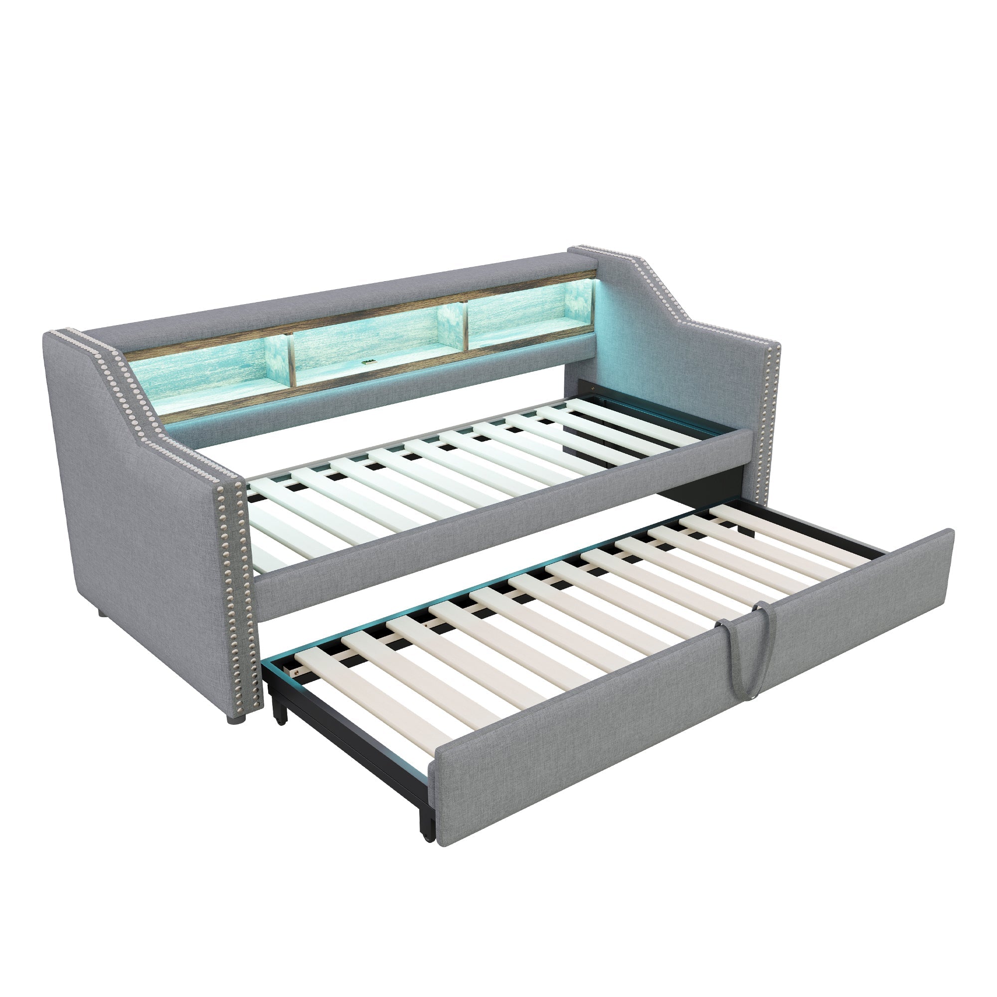 Logidon upholstered bed pull-out sofa bed 90/180 x 190 cm light gray storage compartment
