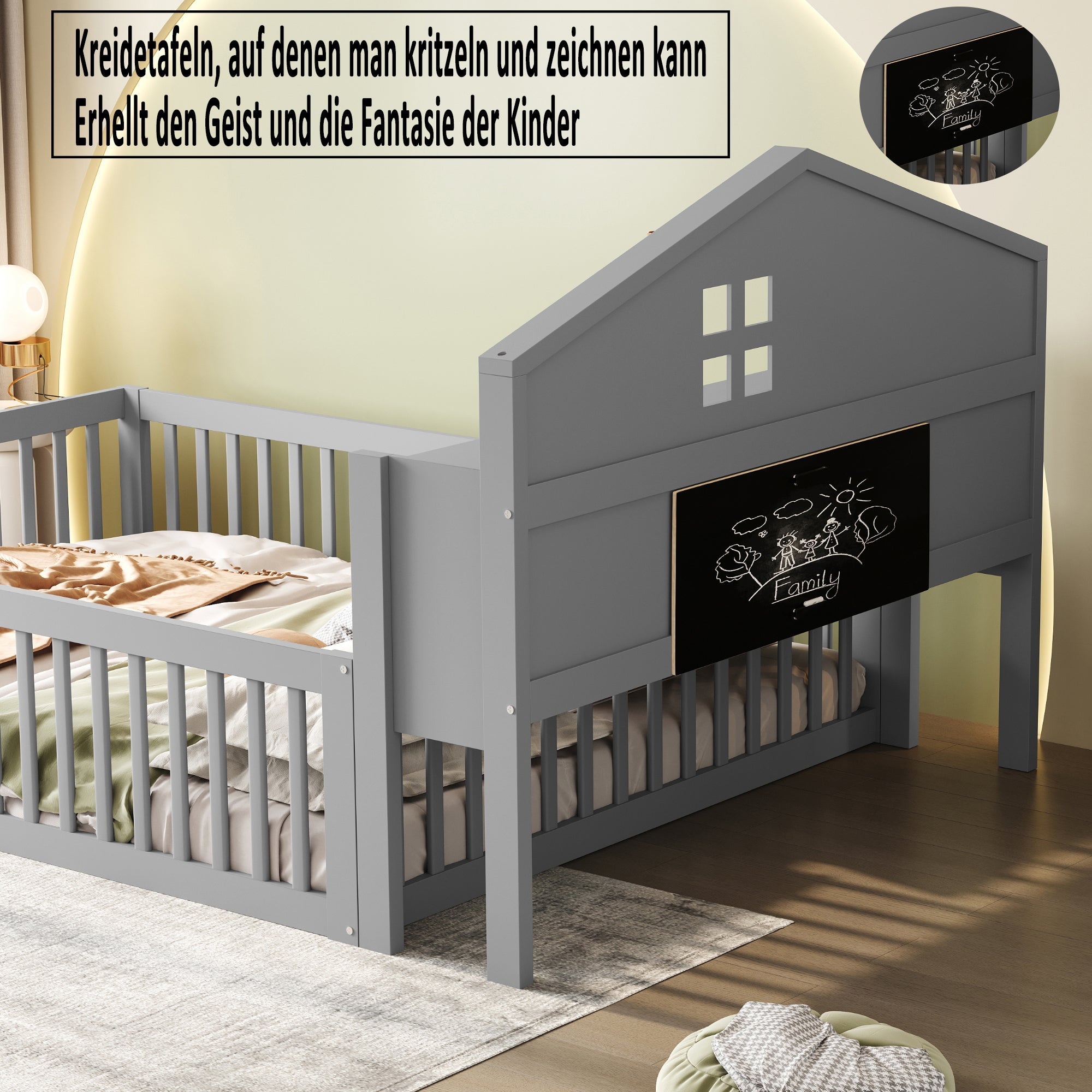 Logidon kinderbed 140x200 huisvorm massief hout grijs met opbergruimte