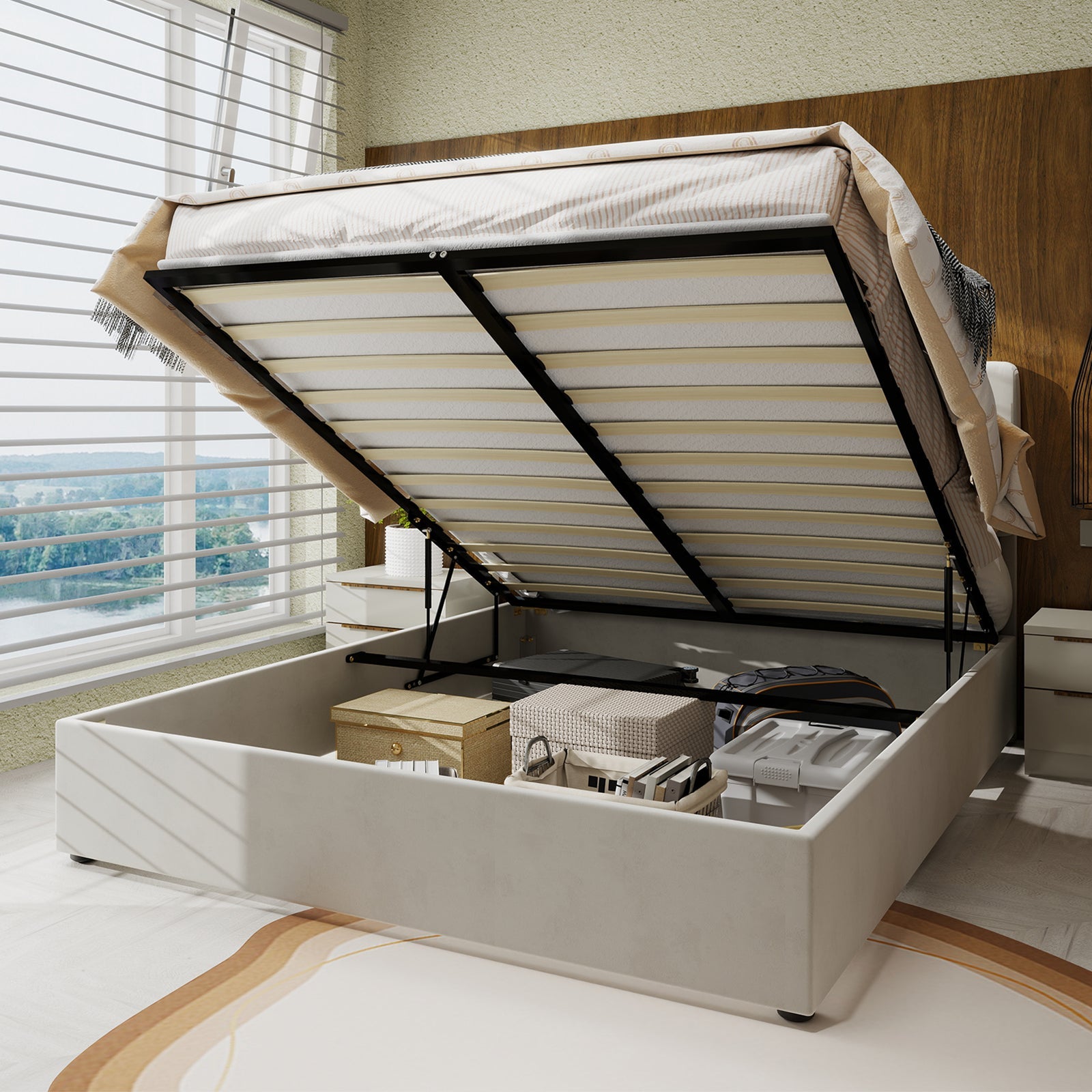 Logidon 160x200 cm gewatteerd bed beige met gasveer opbergruimte
