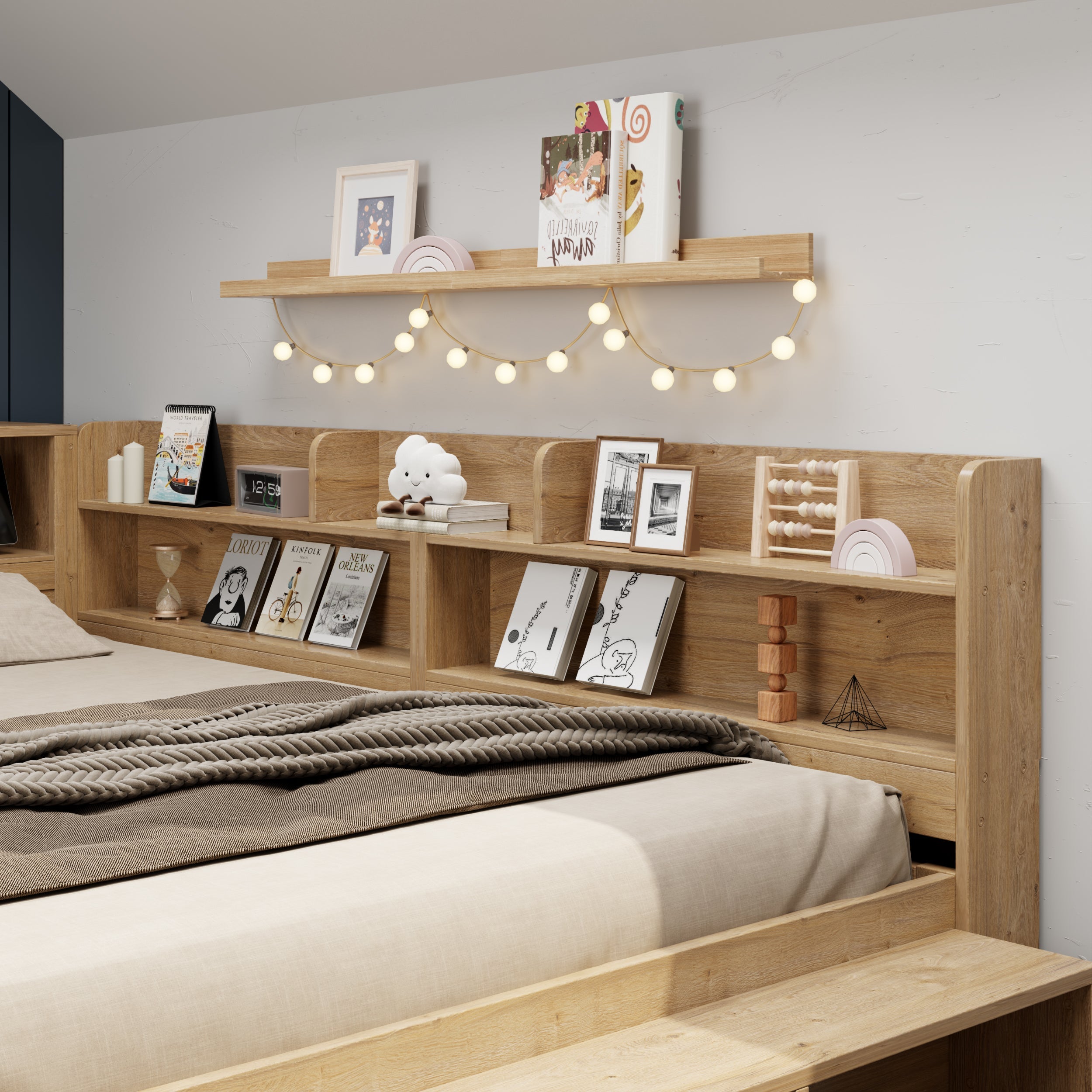 Logidon kinderbed 90x200 cm naturel hout met opbergruimte en opladen