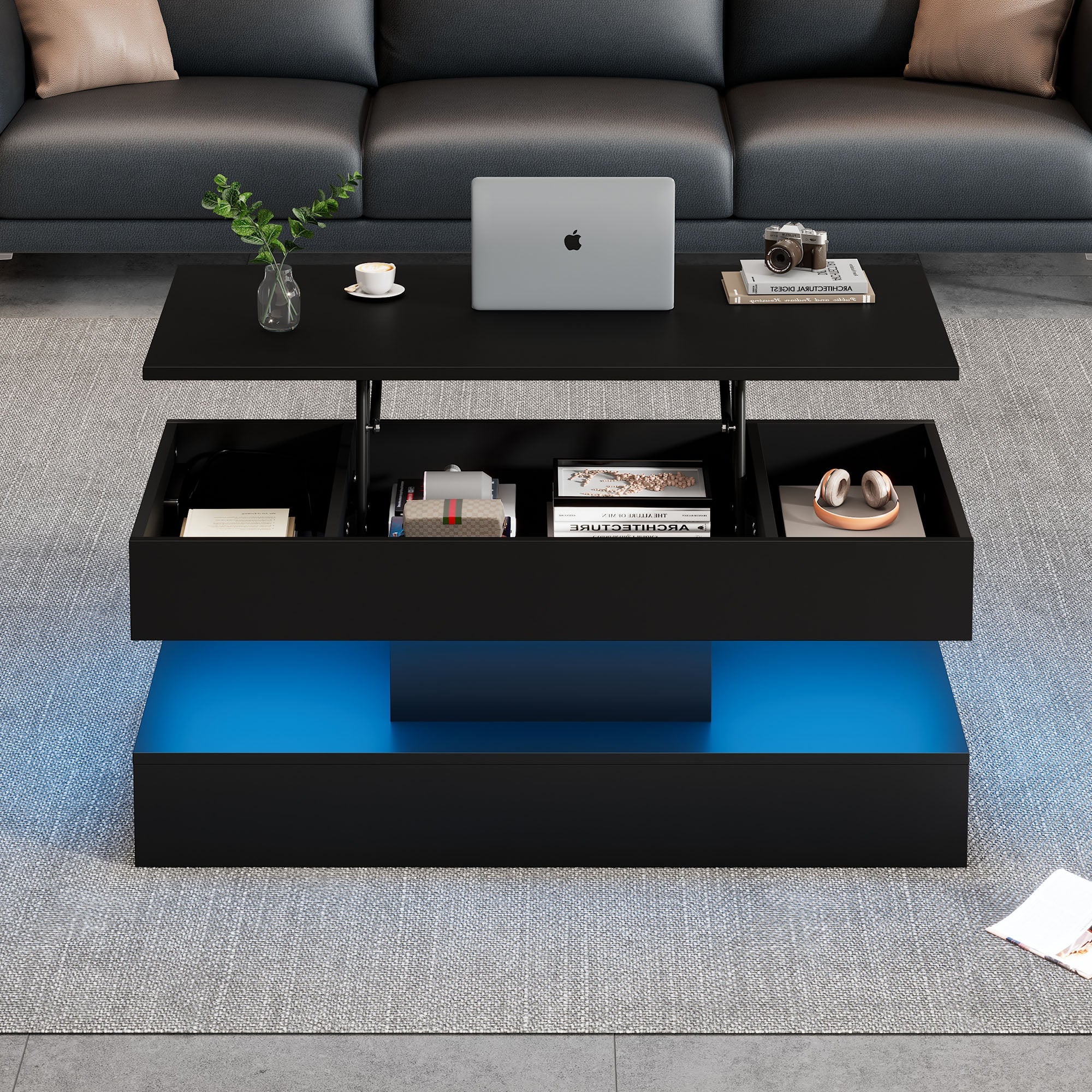 Logidon LED Salontafel met verborgen opbergruimte 100x50 cm Zwart